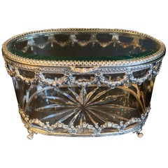 Wonderful Cut Crystal Glass Sterling Swag Oval Casket Vanity Dresser Jewelry Box