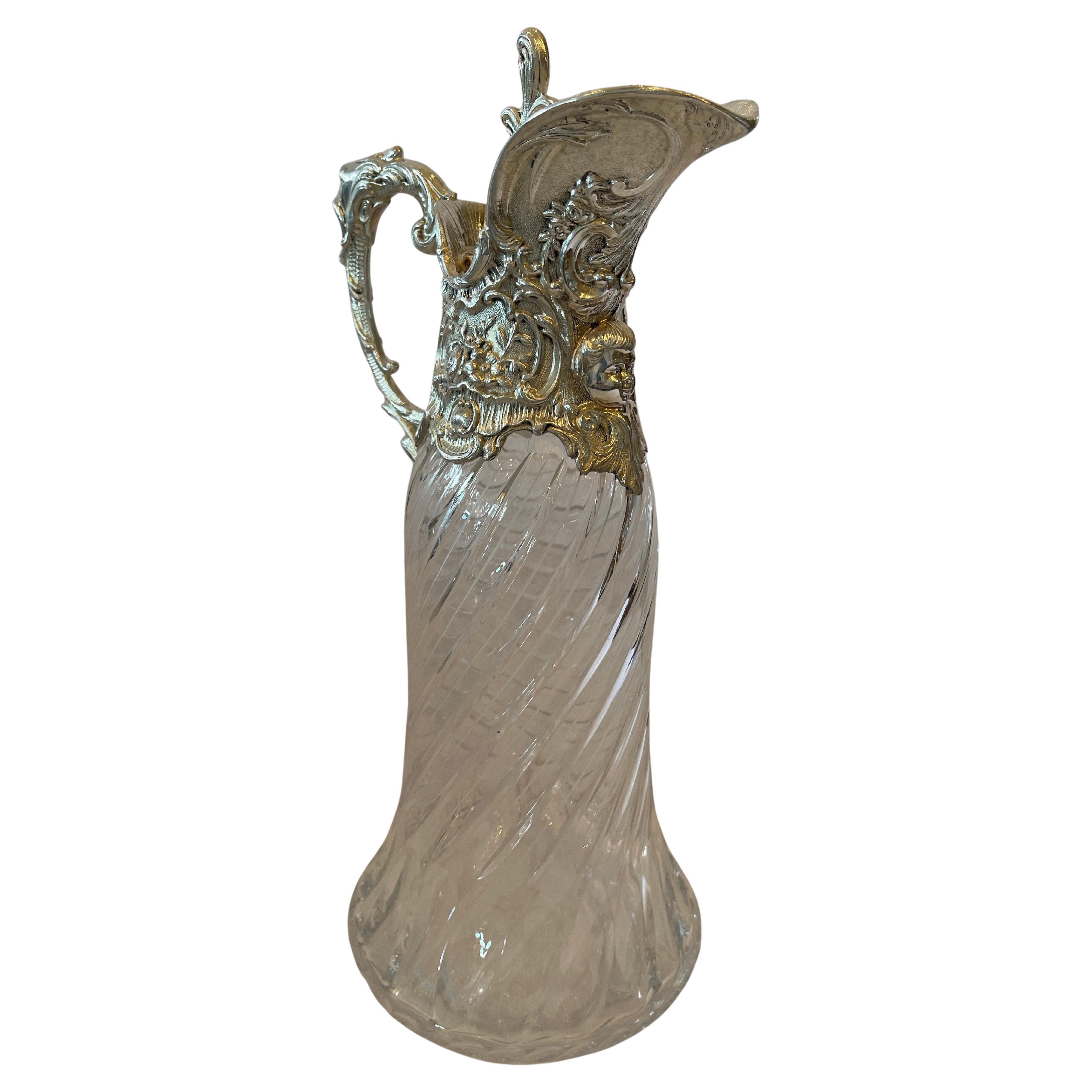 Wonderful Cut Glass Silver Plate Carafe Water Pitcher Cherub Large Decanter