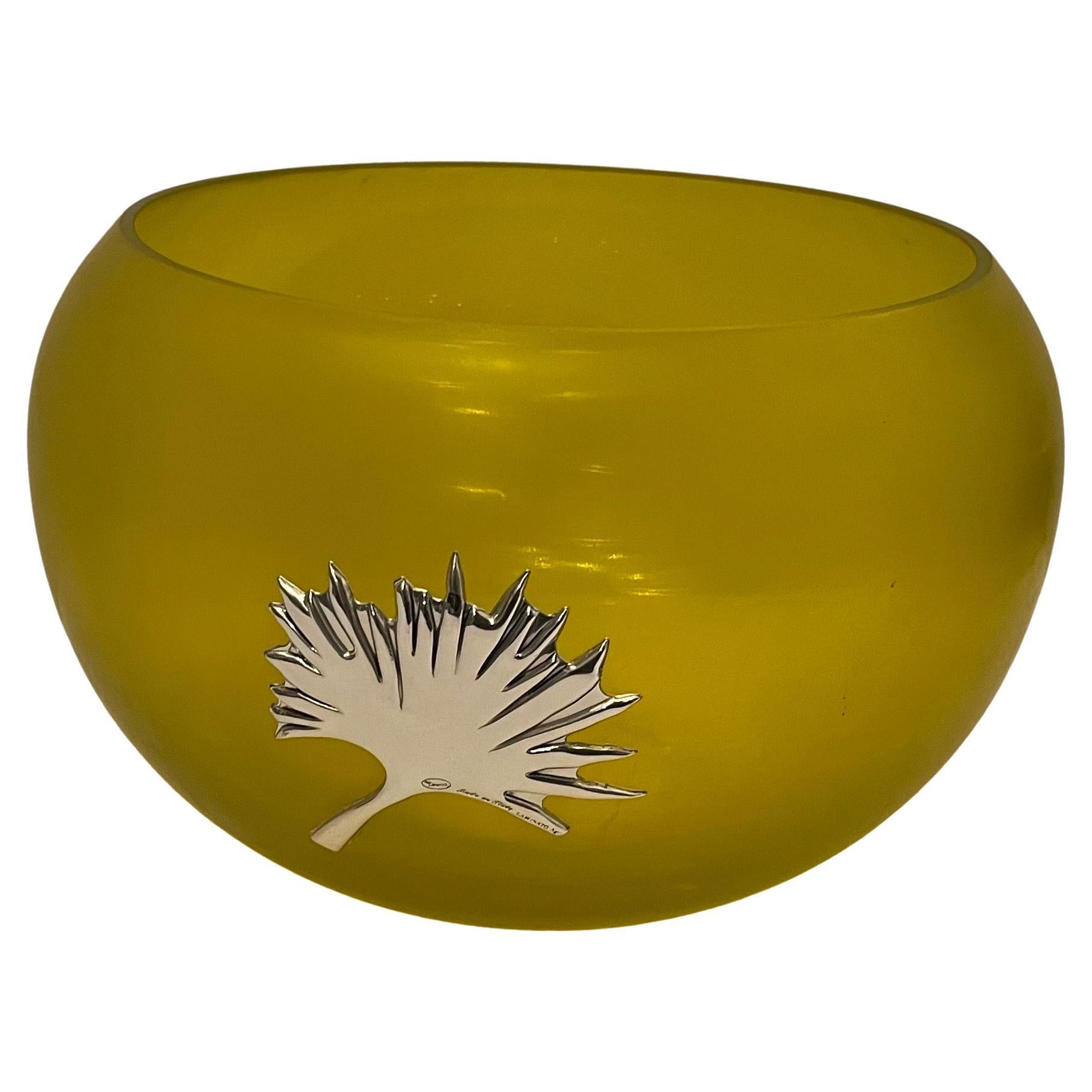 Merveilleux bol en verre d'art italien de Murano avec feuille de palmier montée sur métal