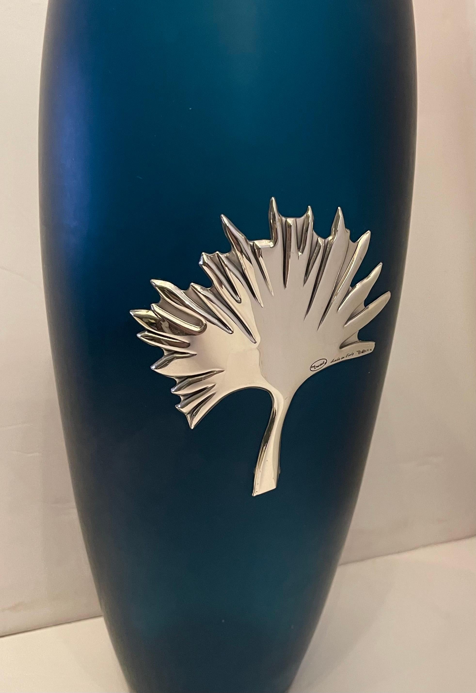 Argent sterling Merveilleux vase en verre d'art italien de Murano, feuille de palmier montée sur métal en vente