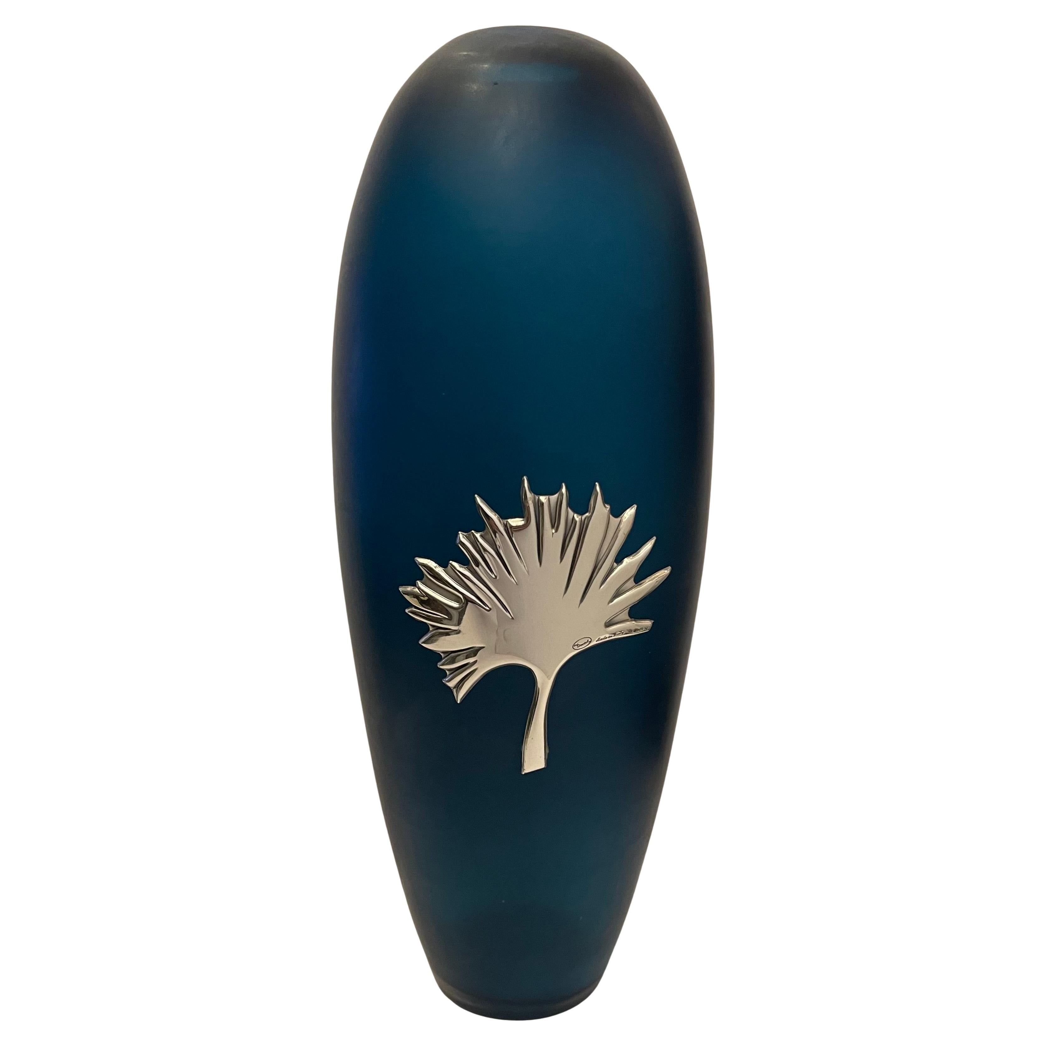 Merveilleux vase en verre d'art italien de Murano, feuille de palmier montée sur métal