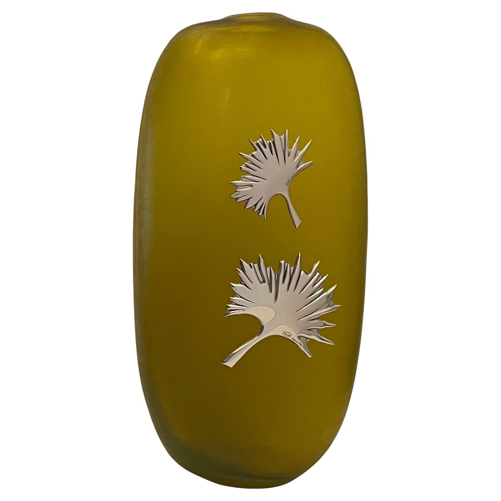 Merveilleux vase en verre d'art italien de Murano, feuilles de palmier montées sur métal en vente