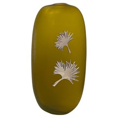 Merveilleux vase en verre d'art italien de Murano, feuilles de palmier montées sur métal