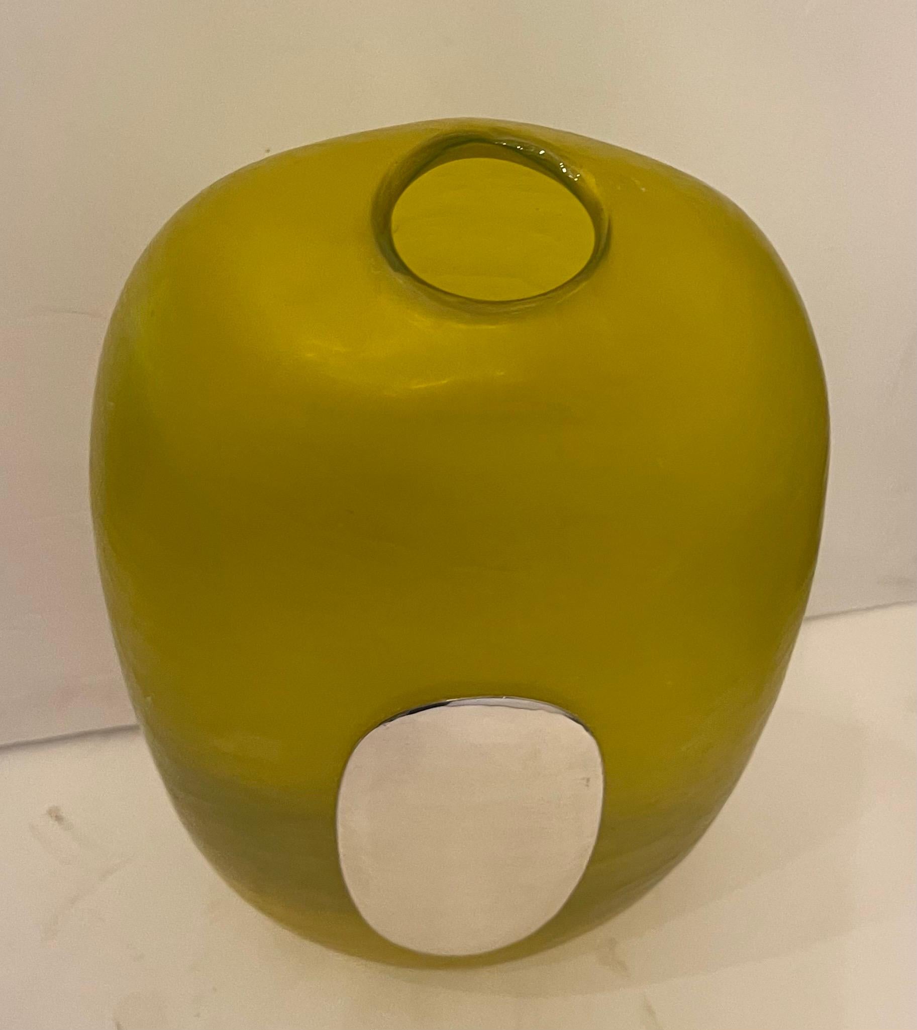 A Wonderful Murano Italian Yellow Art Glass Vase With Sterling Ormolu Oval Mounted Plaque Reading 