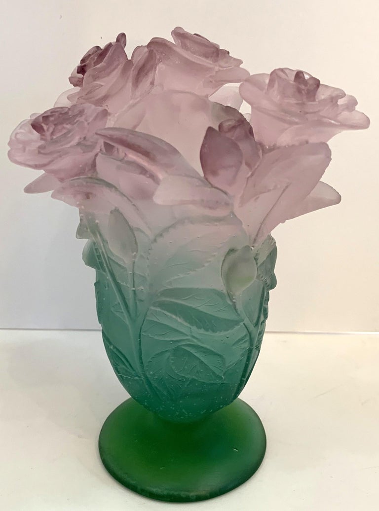 Wonderful Daum Art Glass Pate De Verre Rose Vase Signed Daum France Green  Pink at 1stDibs