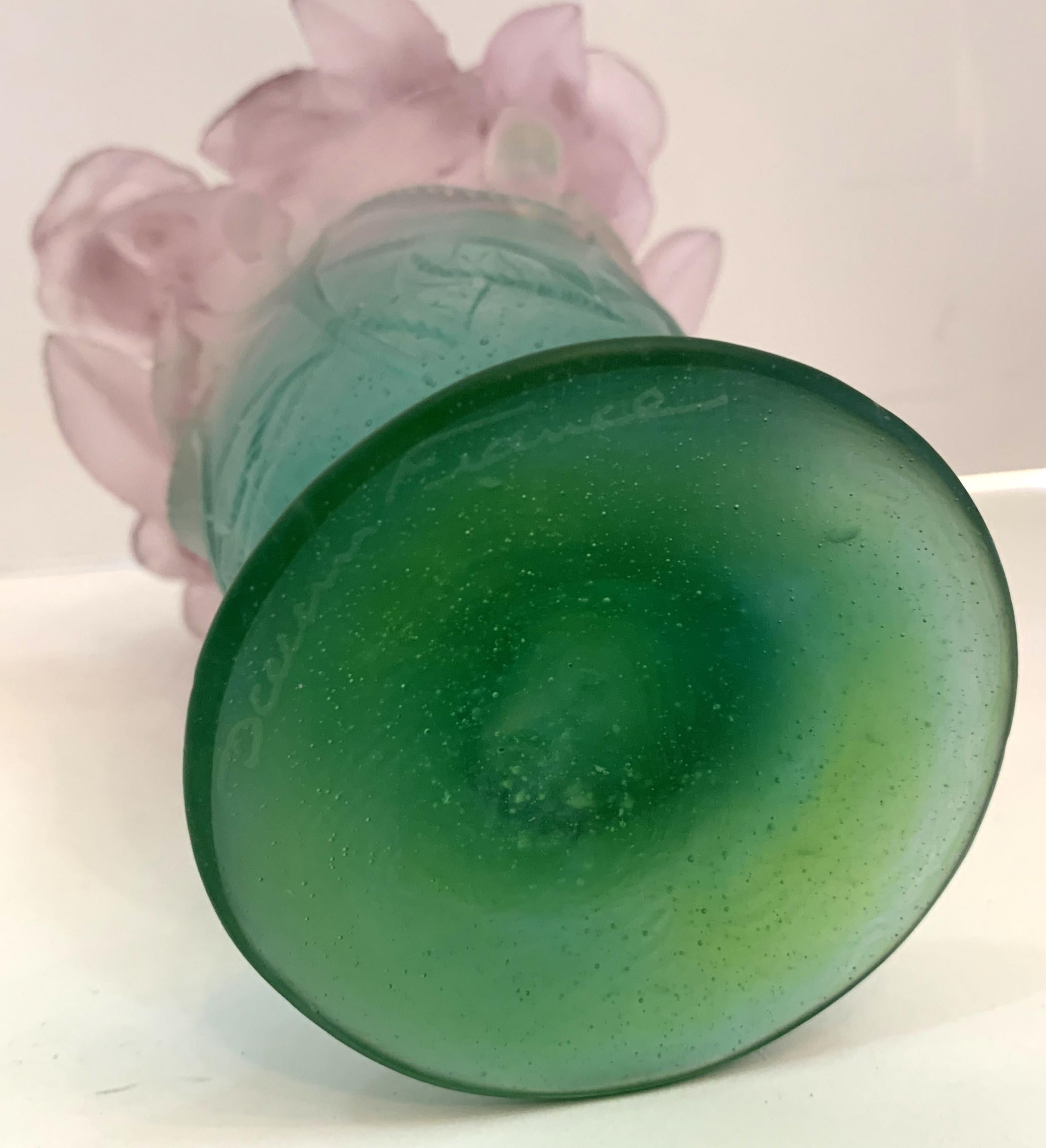 Belle Époque Wonderful Daum Art Glass Pate De Verre Rose Vase Signed Daum France Green Pink