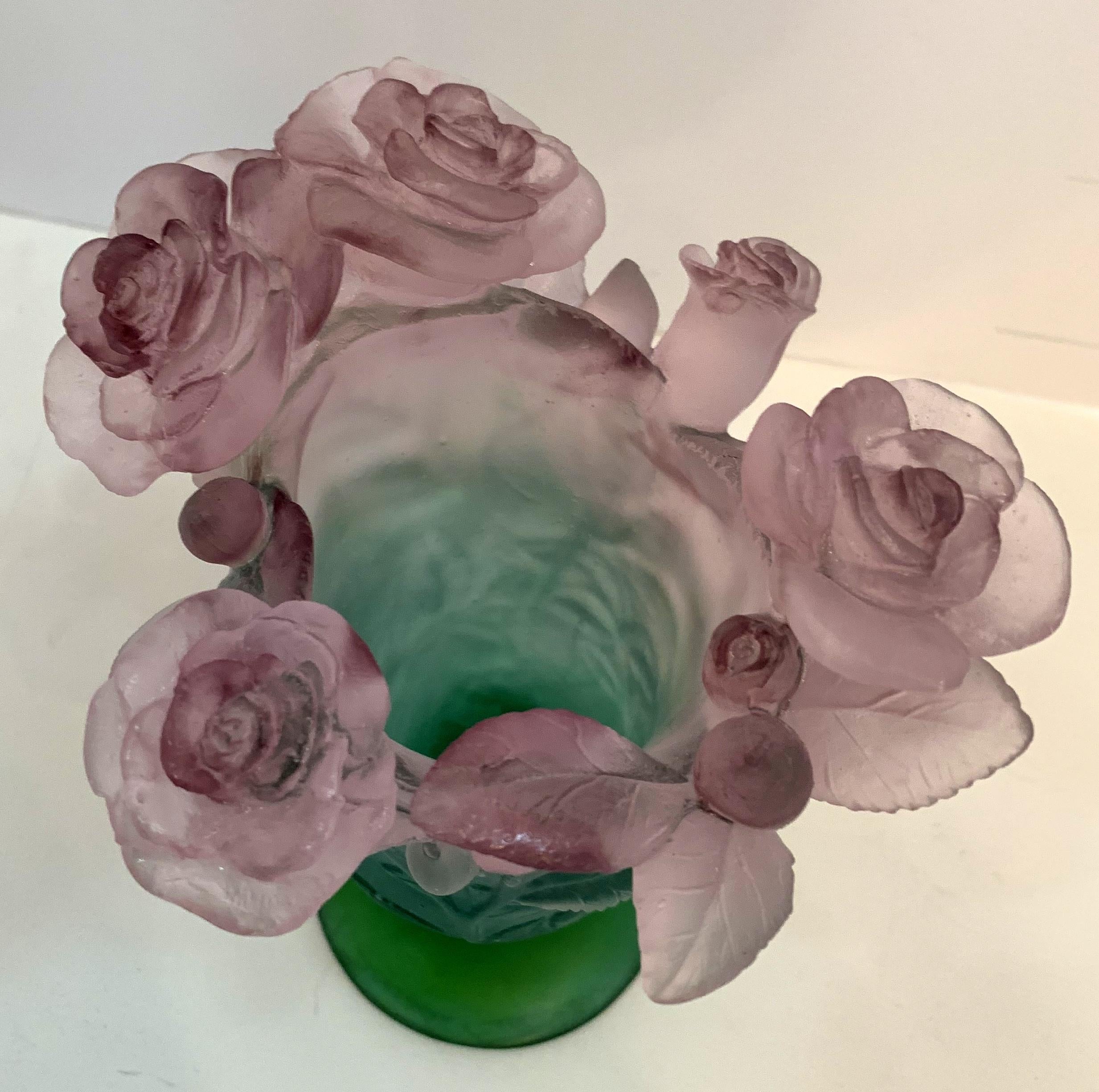 French Wonderful Daum Art Glass Pate De Verre Rose Vase Signed Daum France Green Pink
