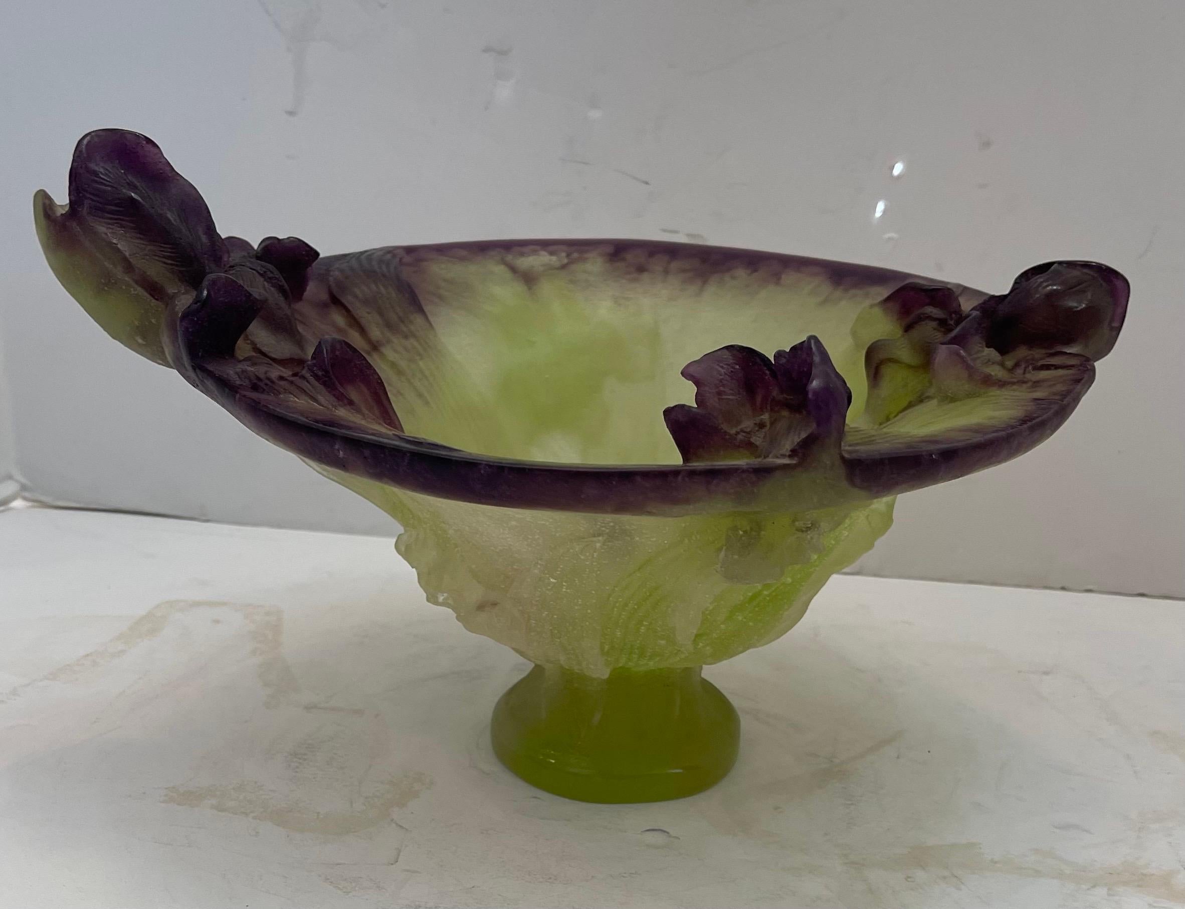 Maravilloso centro de mesa Daum France Art Glass Pate De Verre Iris Crystal Bowl Moderno