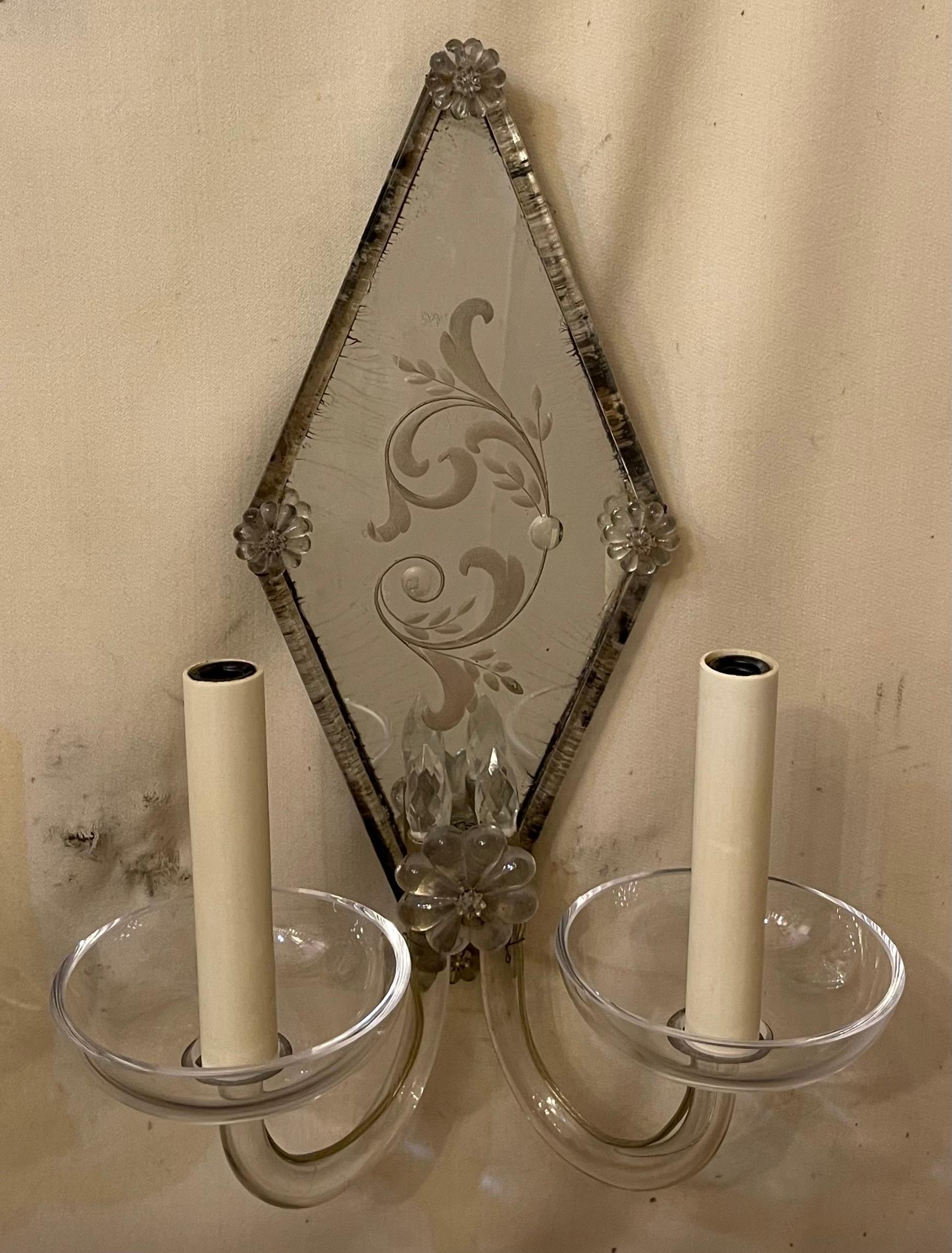 A Wonderful Pair Of Art Deco Style Venetian / Murano Etched Mirror Back With Blown Glass Border Trim Finished With Glass Floral Rosettes Leading To Two Candelabra Lights With Clear Glass Cups, The Sconces Wiring Has Been Updated And Come With