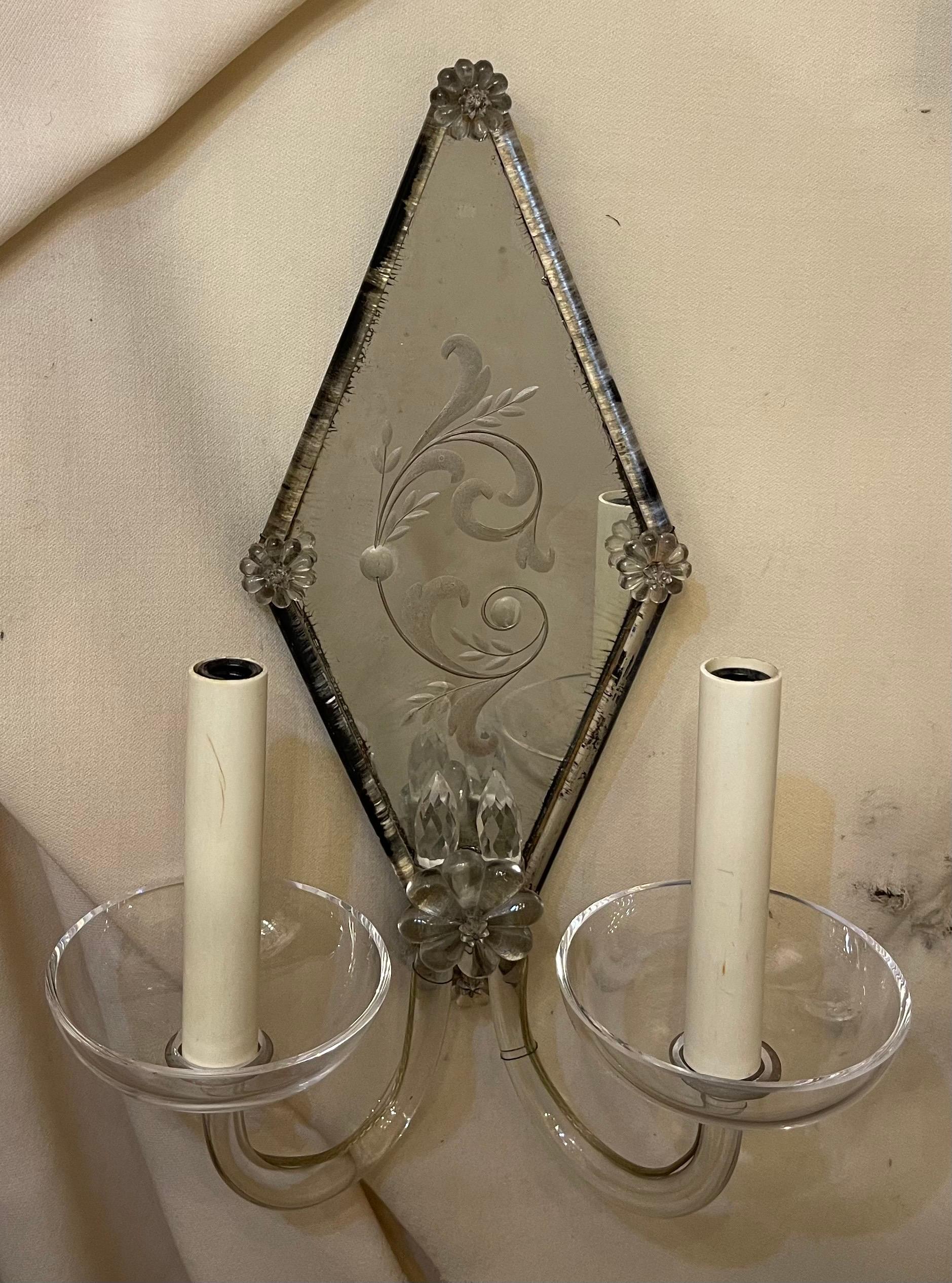 Art Deco Wonderful Deco Venetian Murano Pair Etched Floral Mirror Back Two-Light Sconces For Sale