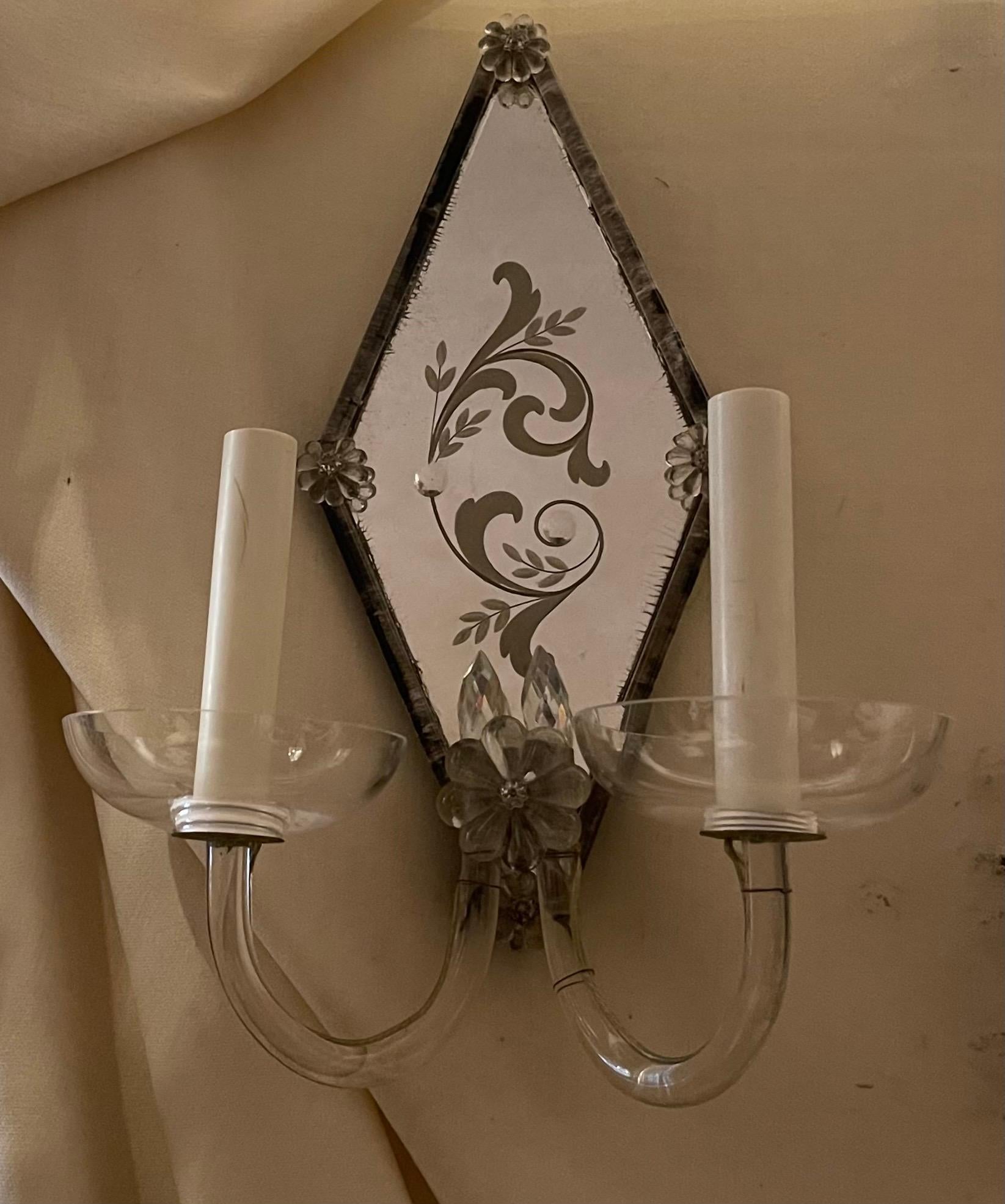 Italian Wonderful Deco Venetian Murano Pair Etched Floral Mirror Back Two-Light Sconces For Sale