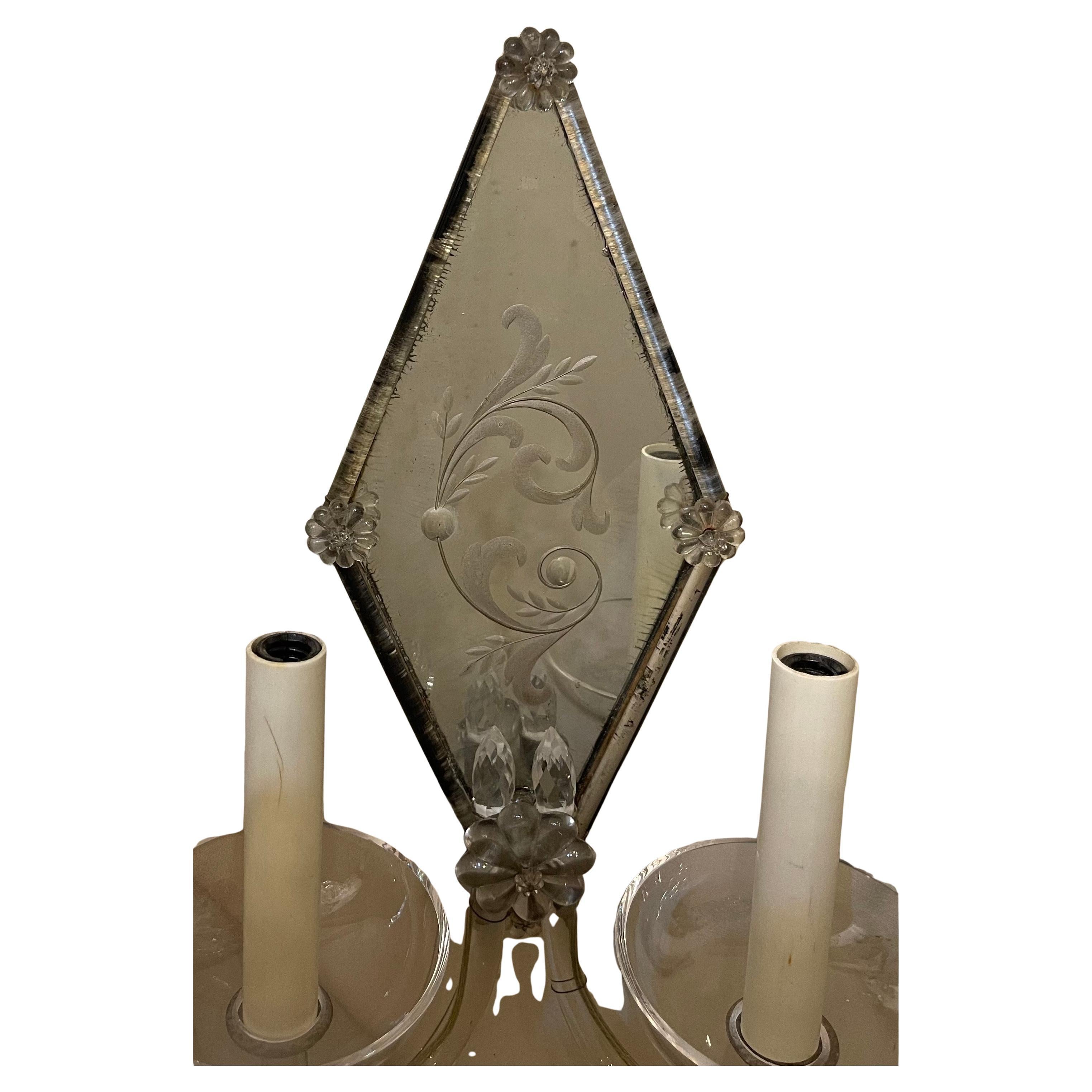 Wonderful Deco Venetian Murano Pair Etched Floral Mirror Back Two-Light Sconces In Good Condition For Sale In Roslyn, NY