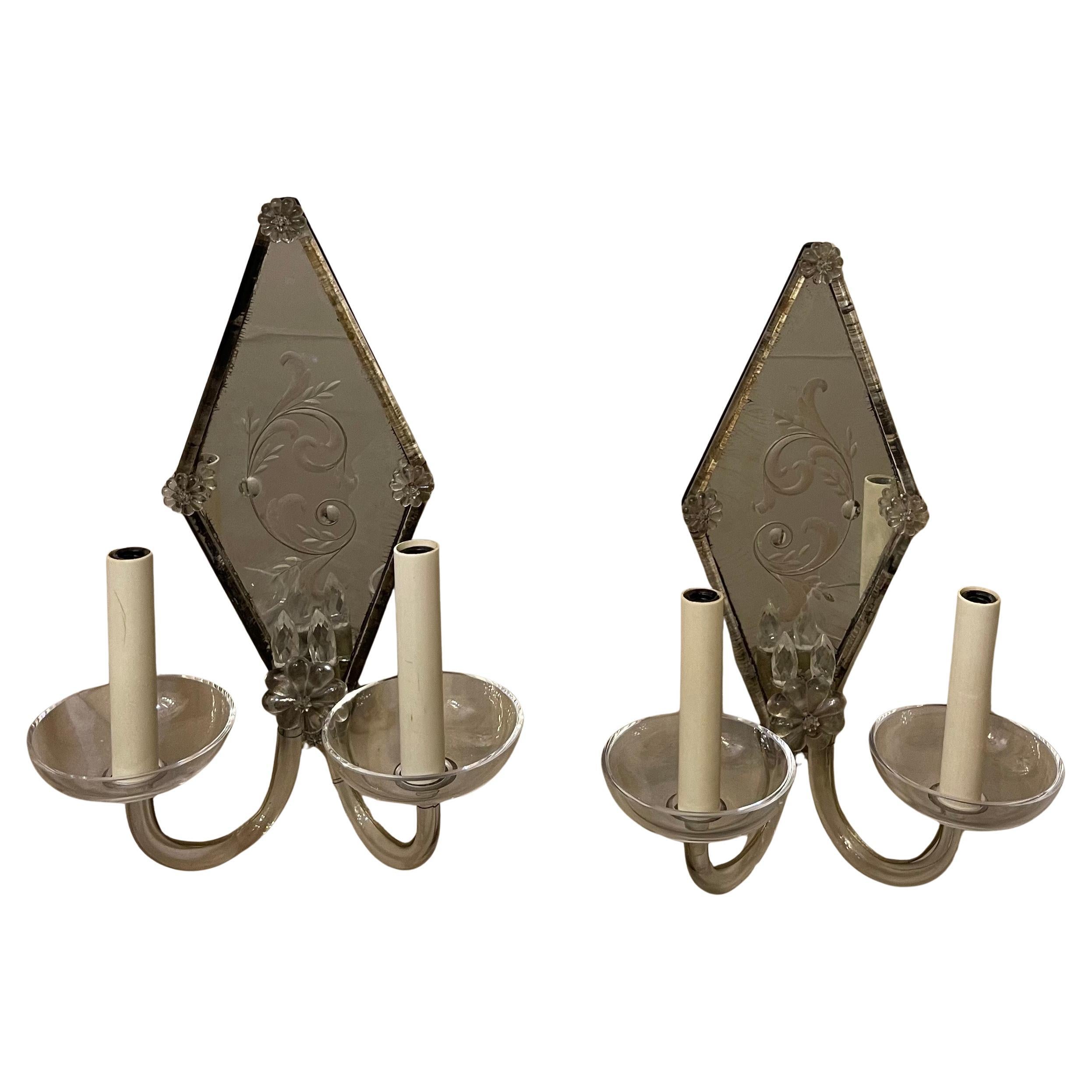 Wonderful Deco Venetian Murano Pair Etched Floral Mirror Back Two-Light Sconces For Sale