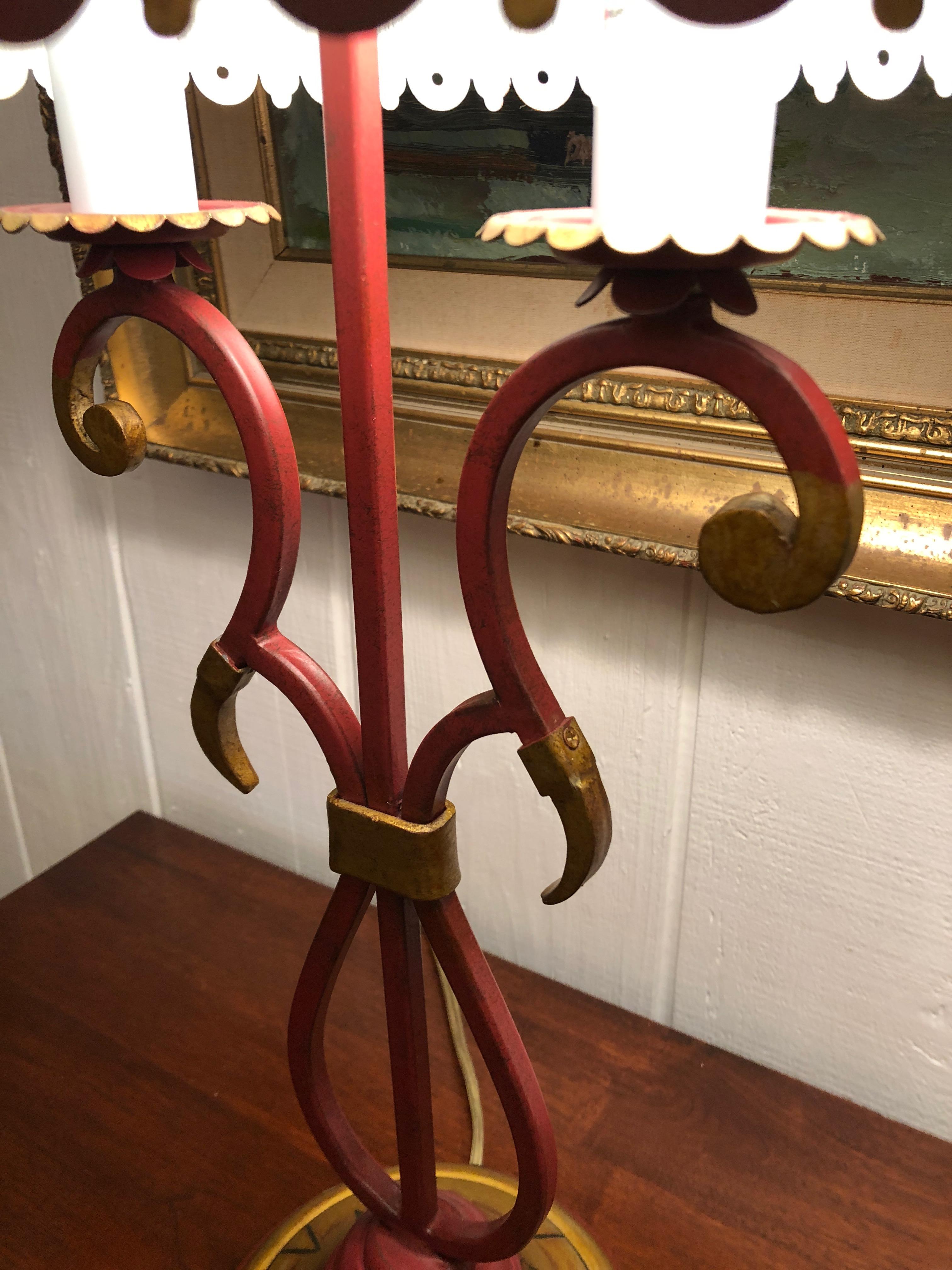 Wonderful Deep Red and Gold Tole Table Lamps with Lyre Decoration In Excellent Condition In Hopewell, NJ