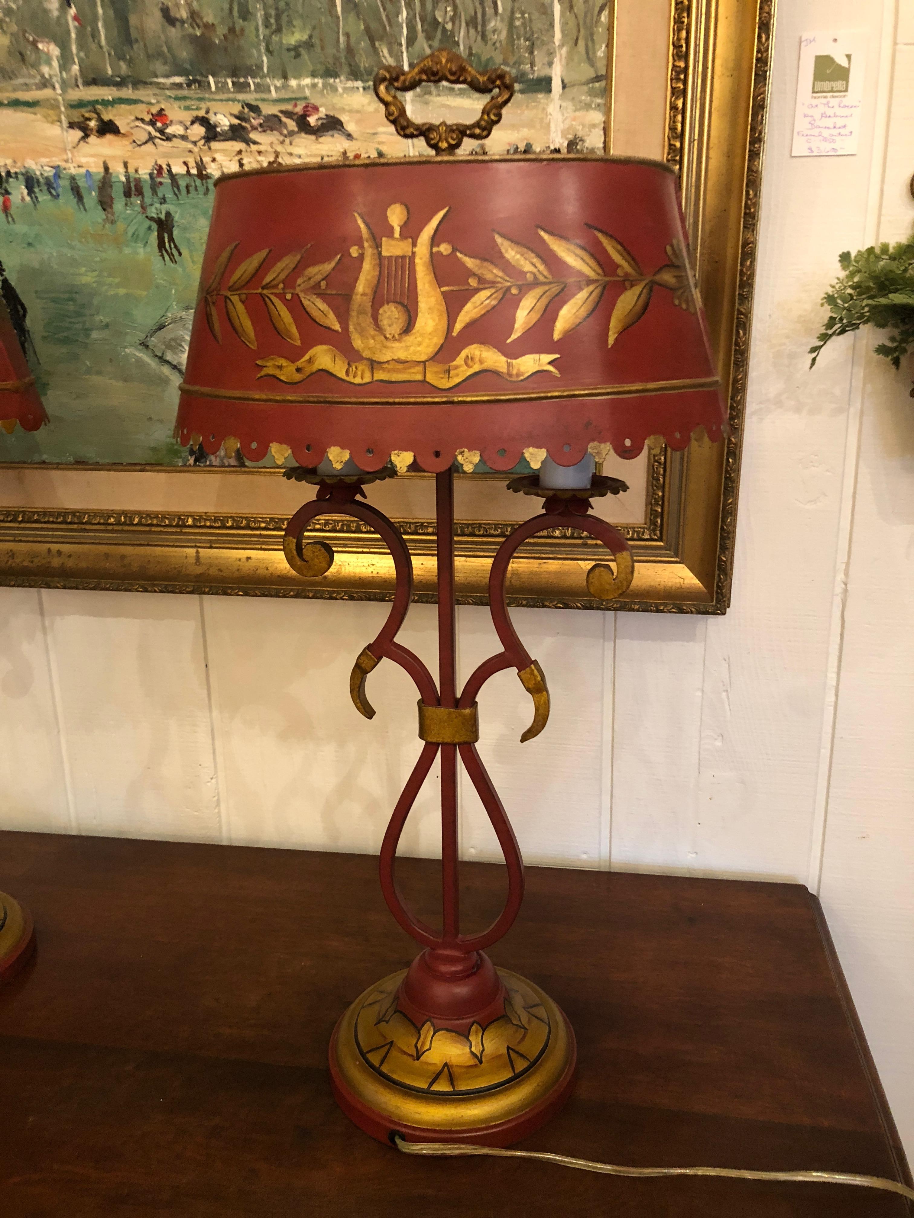 Wonderful Deep Red and Gold Tole Table Lamps with Lyre Decoration 1