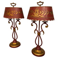 Wonderful Deep Red and Gold Tole Table Lamps with Lyre Decoration
