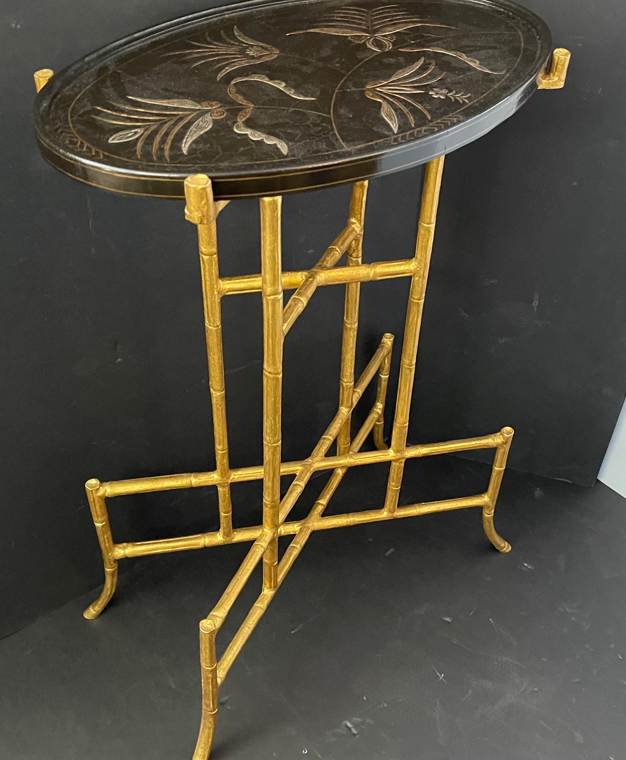 20th Century Wonderful Dessin Fournir Chinoiserie Black Laqured Gold Gilt Bamboo Side Table