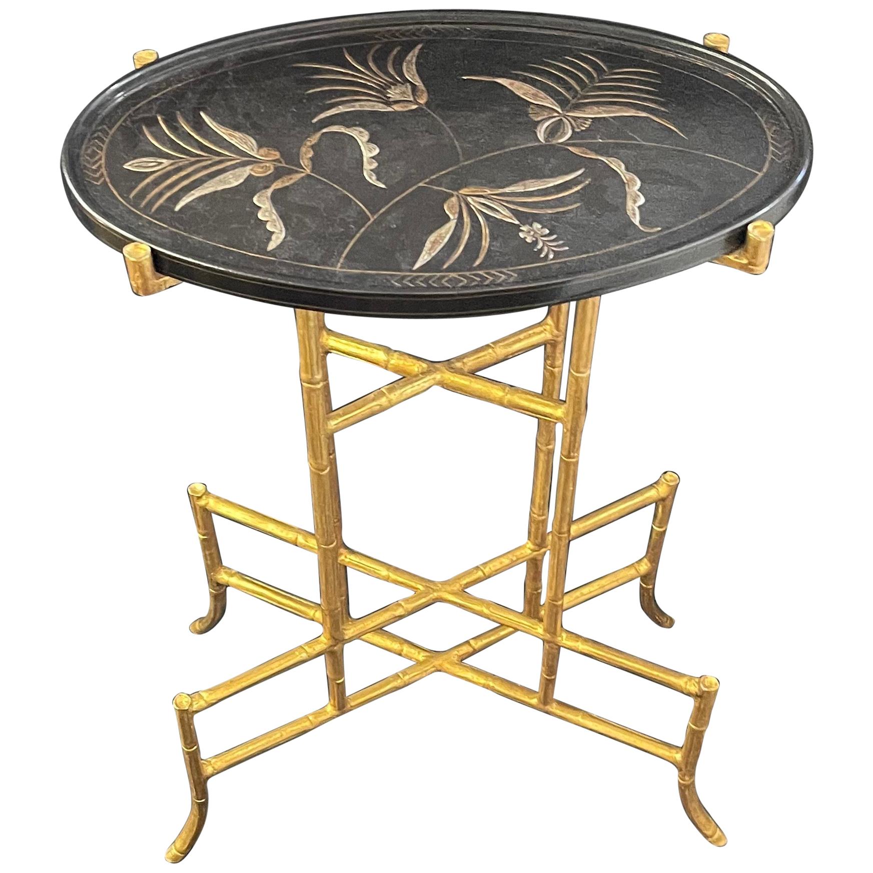 Wonderful Dessin Fournir Chinoiserie Black Laqured Gold Gilt Bamboo Side Table