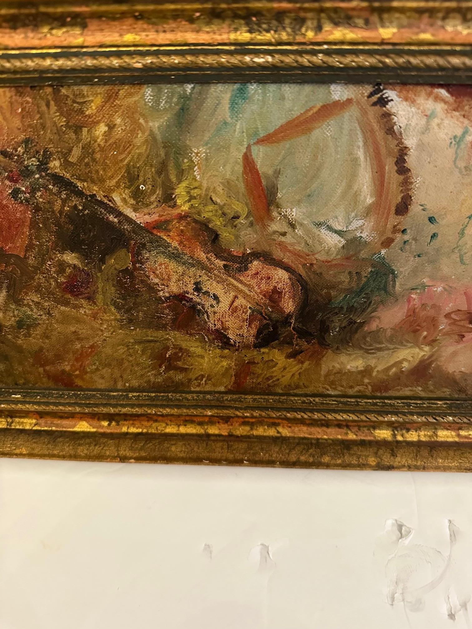 A shimmering jewel like antique oil painting of small size but powerful effect with still life composition of a violin in an amorphous setting.  Gorgeous unexpected colors including pinks.  Pretty giltwood frame.  No signature.