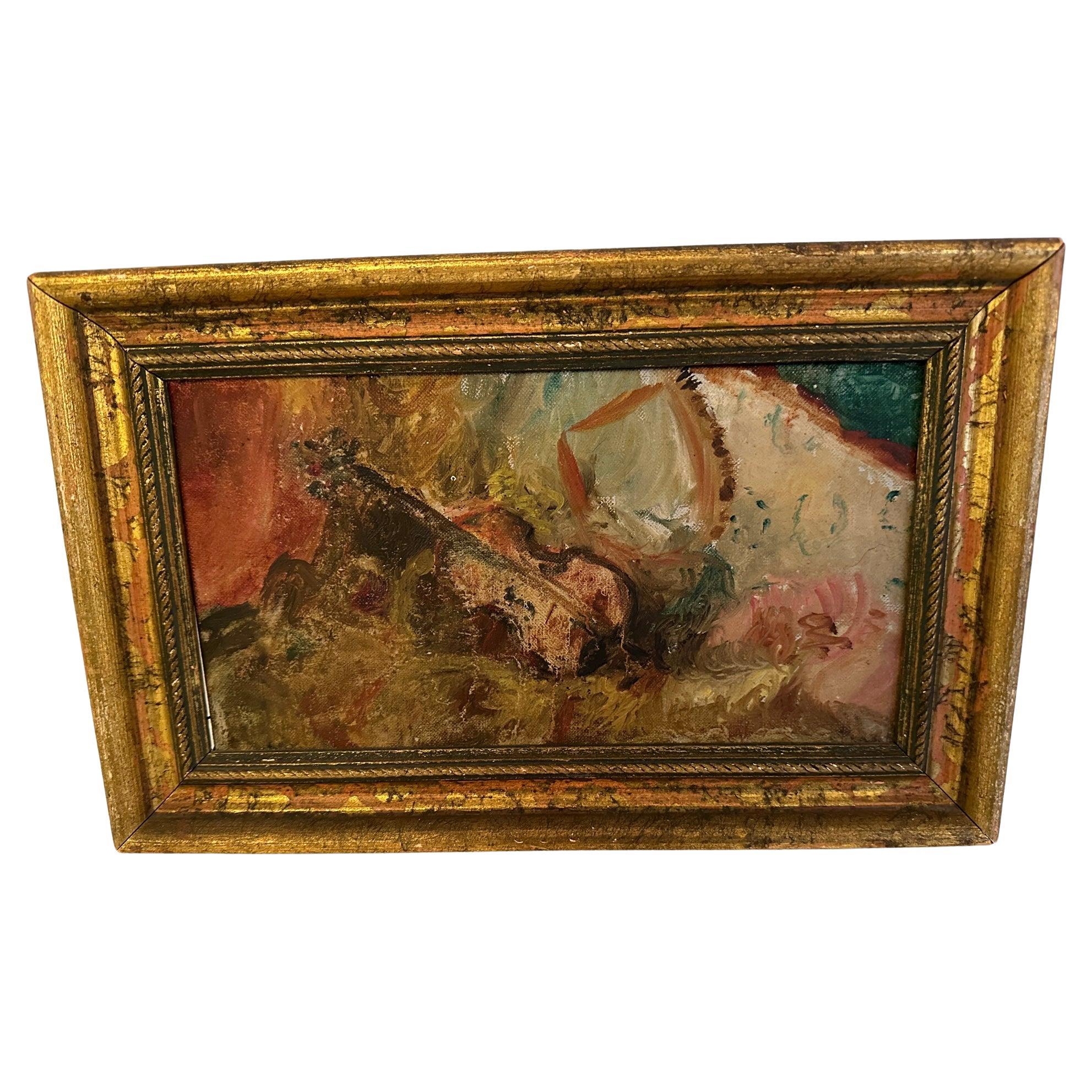 Wonderful Diminutive Antique Original Oil Still Life of Violin For Sale