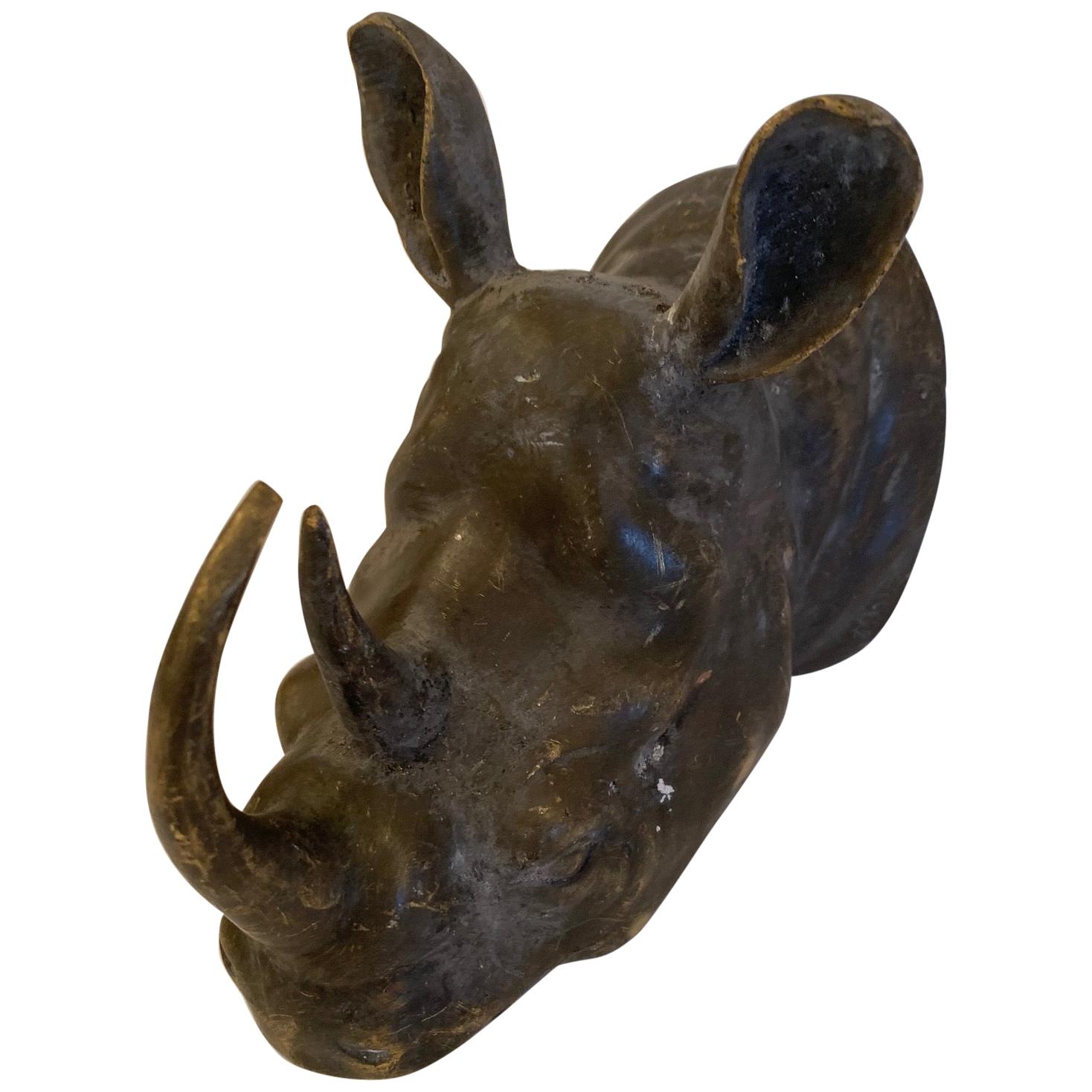 Wonderful Diminutive Bronze Rhinoceros Head Wall Sculpture
