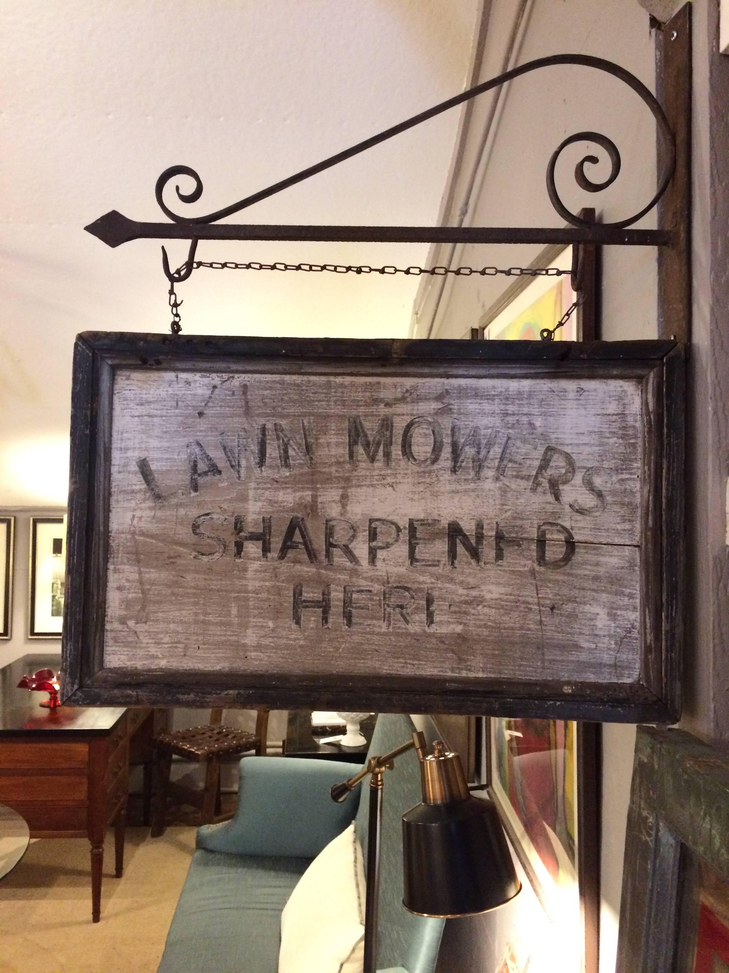 For the Folk Art lover who wants to add some charm and funk with a found vintage two sided sign that says Lawn Mowers Sharpened Here. Wrought iron old sign hanger also included.
Measures: Sign is 24.5 W x 15 H x 2.25 D
With iron hanger: 24.5 W x