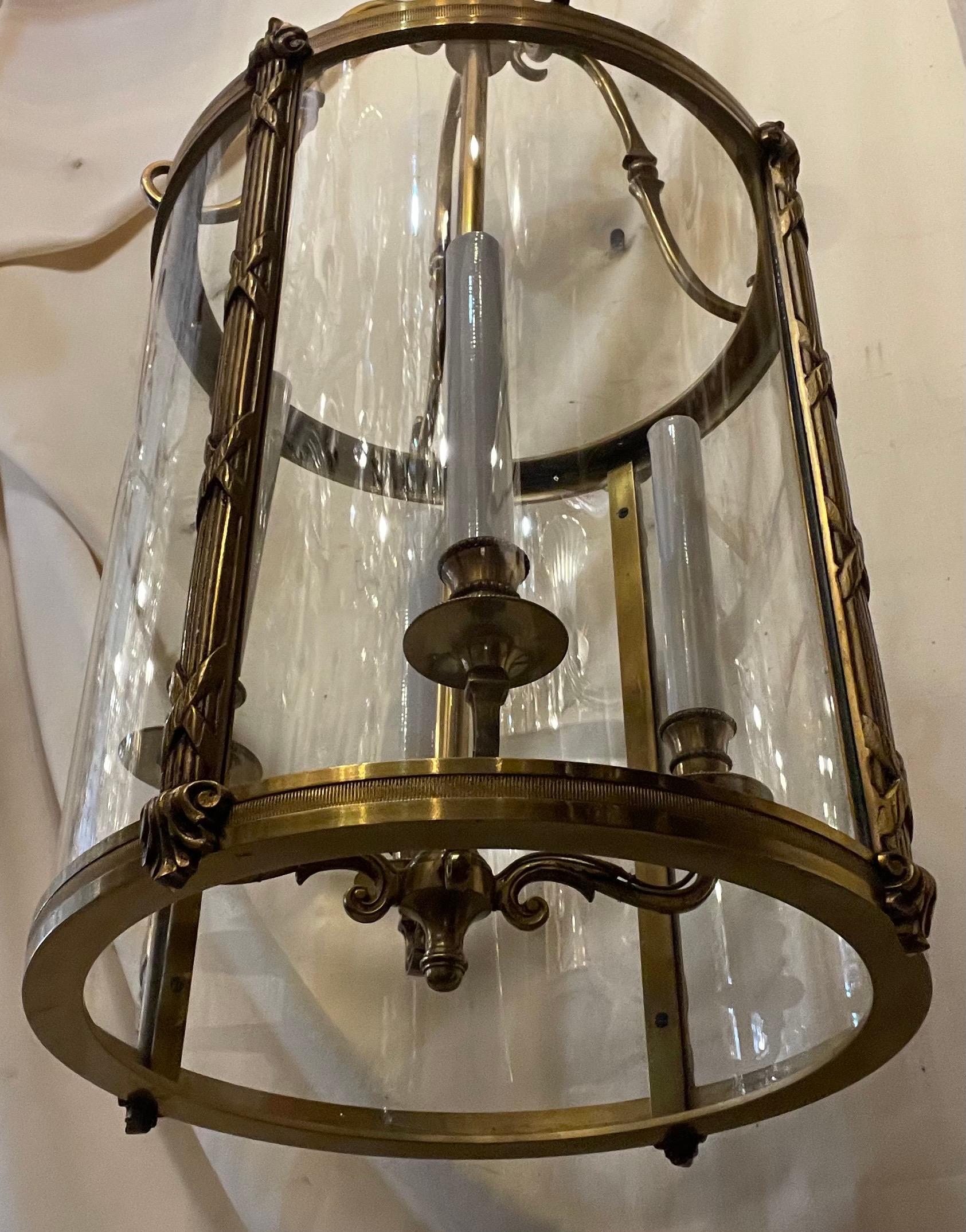 20th Century Wonderful Doré Reeded Bronze Louis XVI Lantern Light Fixture Curved Glass Panels For Sale