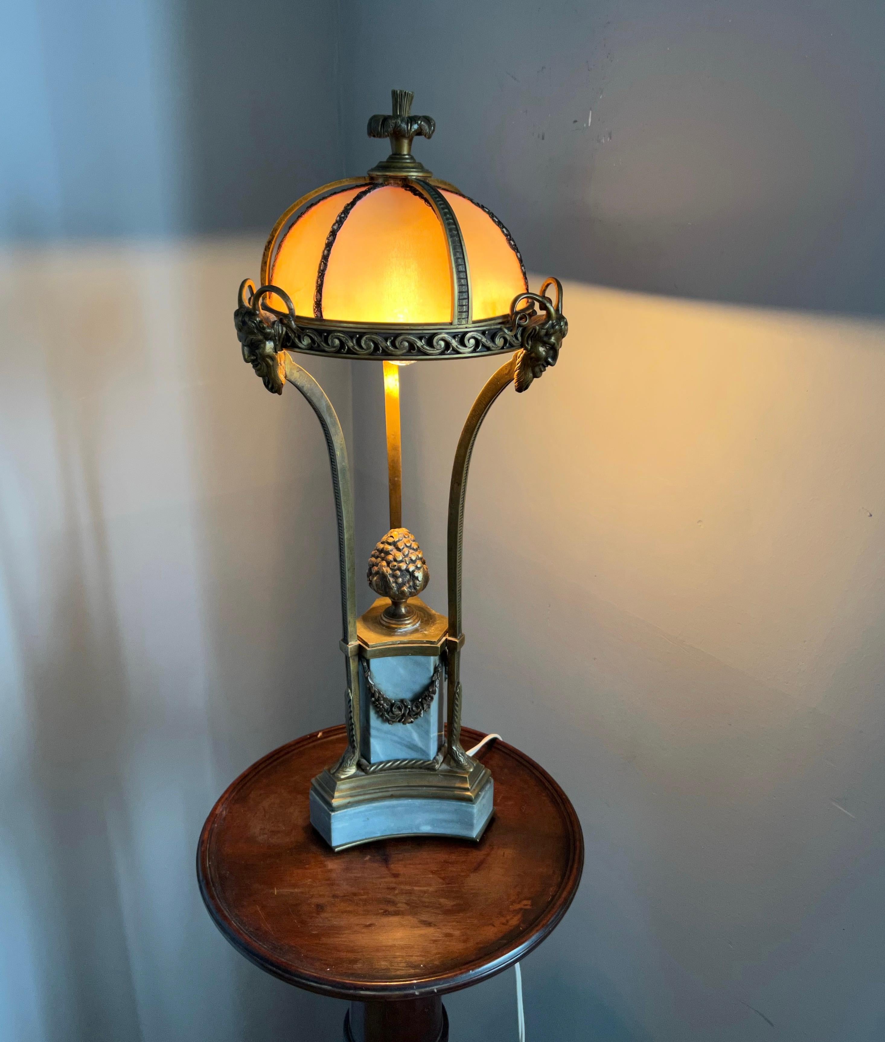 Empire Revival Wonderful Early 1900s Bronze and Marble Table / Desk Lamp with Faun Sculptures For Sale