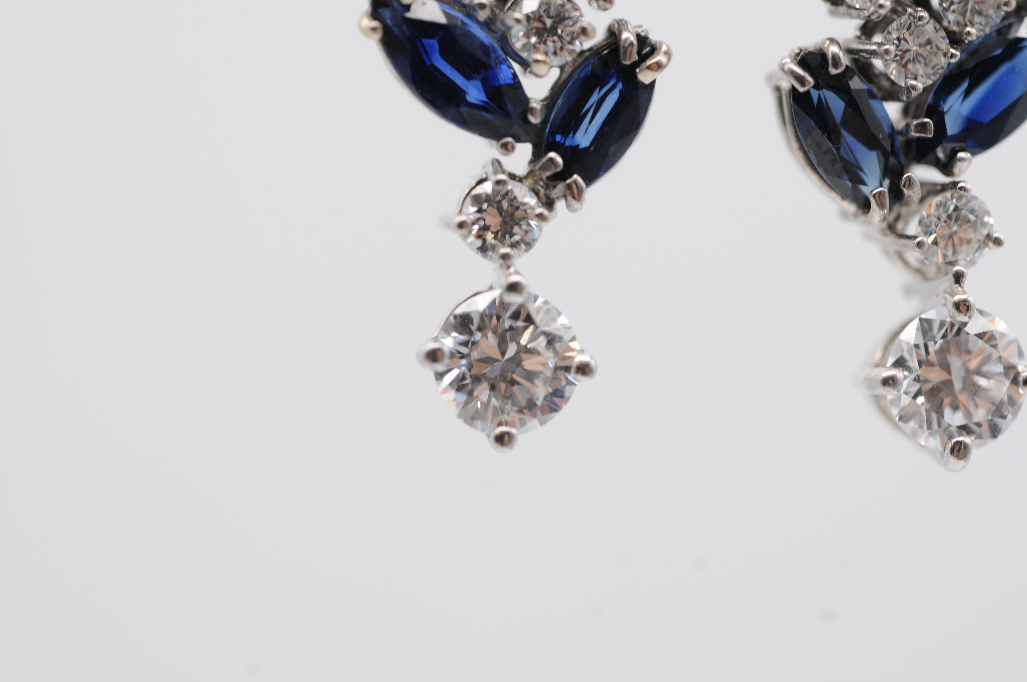 Aesthetic Movement Wonderful earrings in 18k white gold with diamonds and sapphires. For Sale