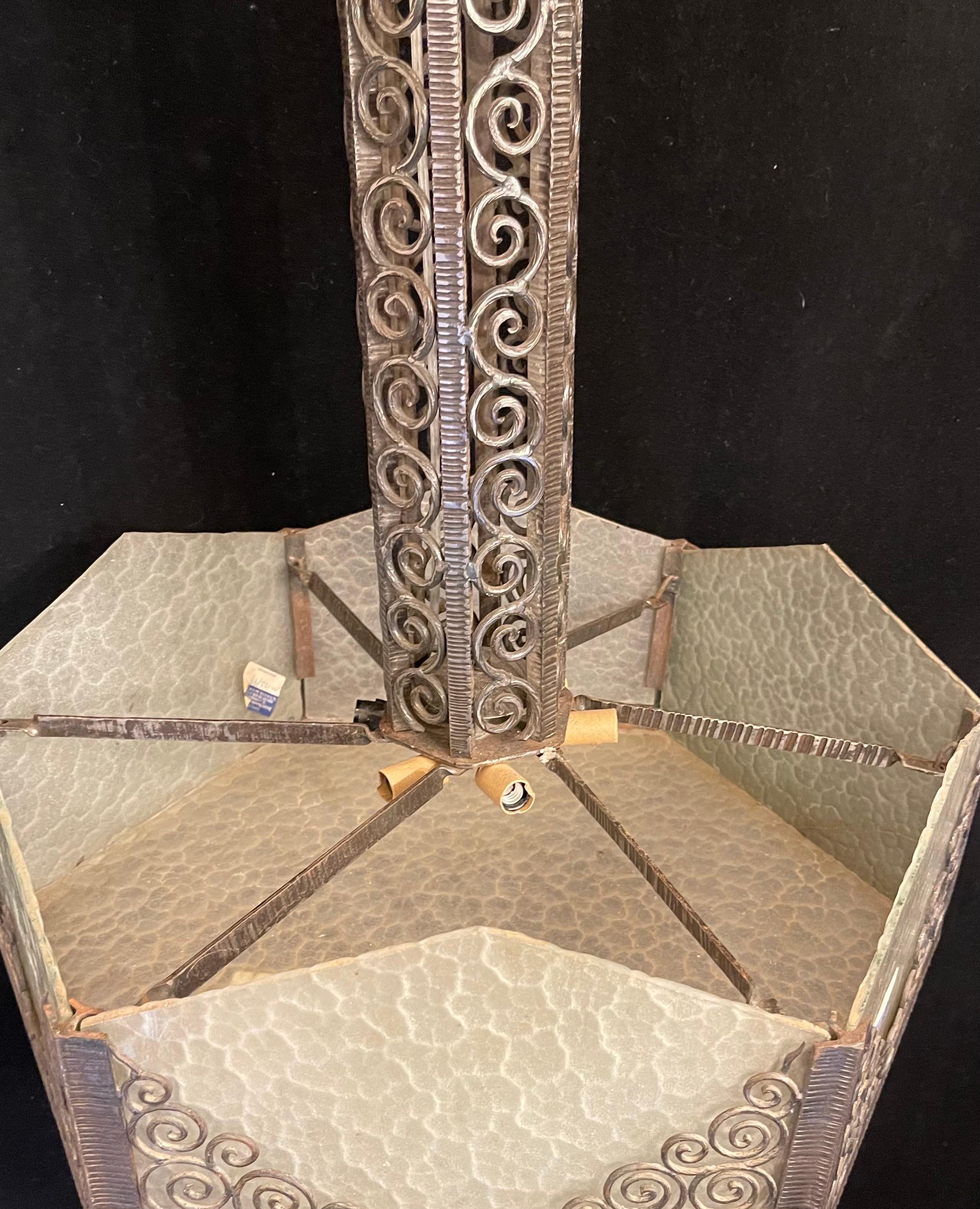 Wonderful Edgar Brandt Lorin Marsh Art Deco Scrolled Iron Art Glass Chandelier  For Sale 2