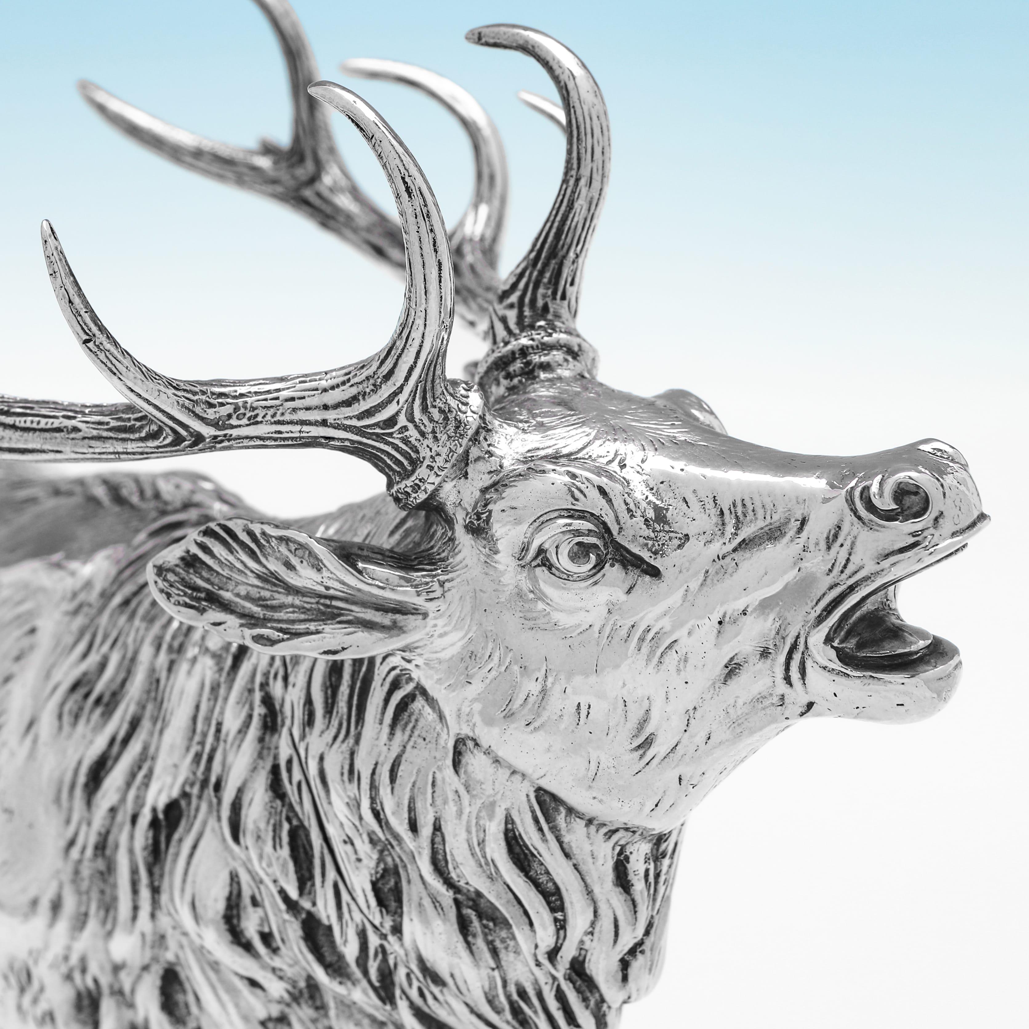 Inglese Splendido modello edoardiano in argento sterling di un cervo muggente realizzato nel 1902 in vendita