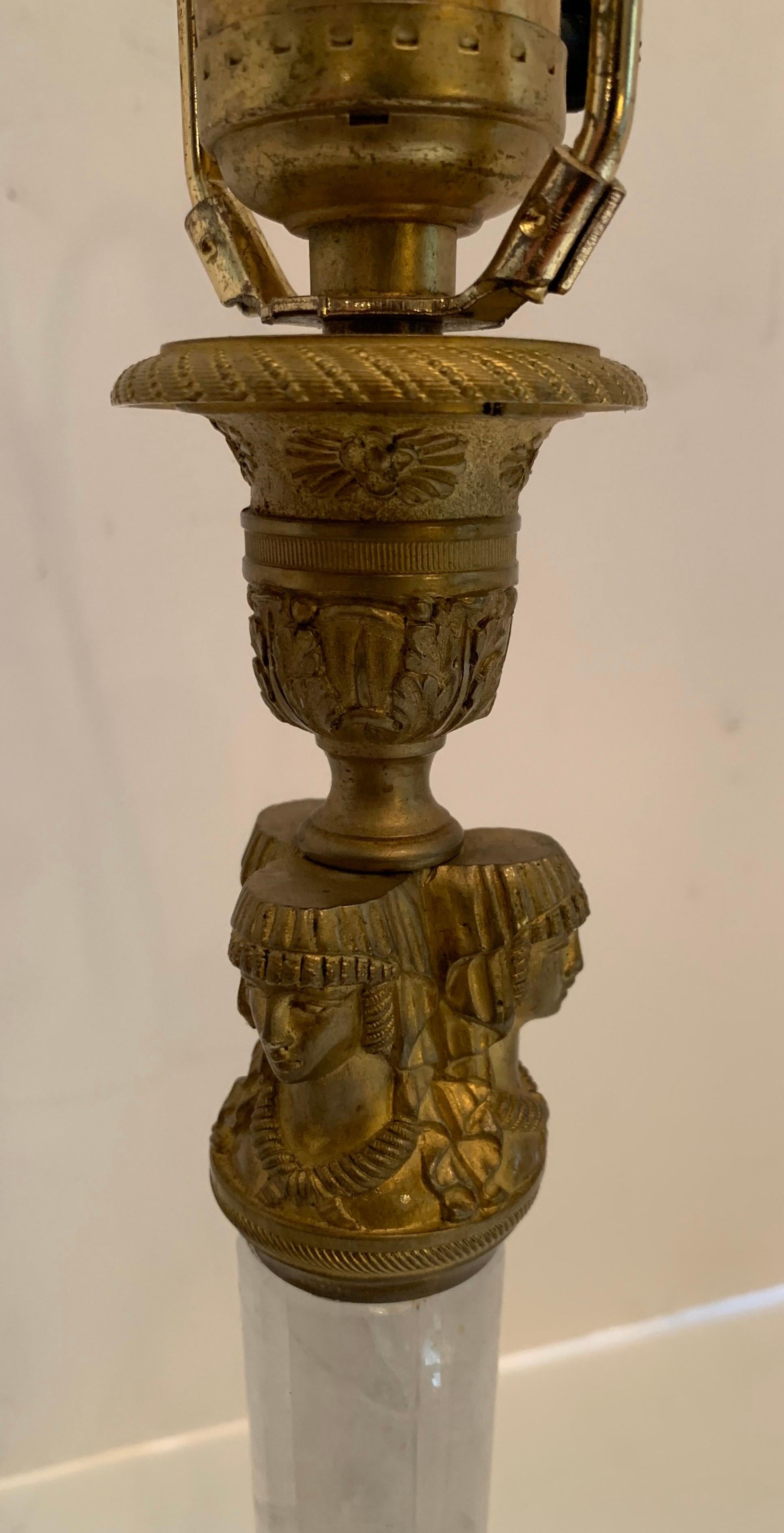 Wonderful Empire Dore Bronze Rock Crystal Neoclassical Figure Candlestick Lamp In Good Condition For Sale In Roslyn, NY