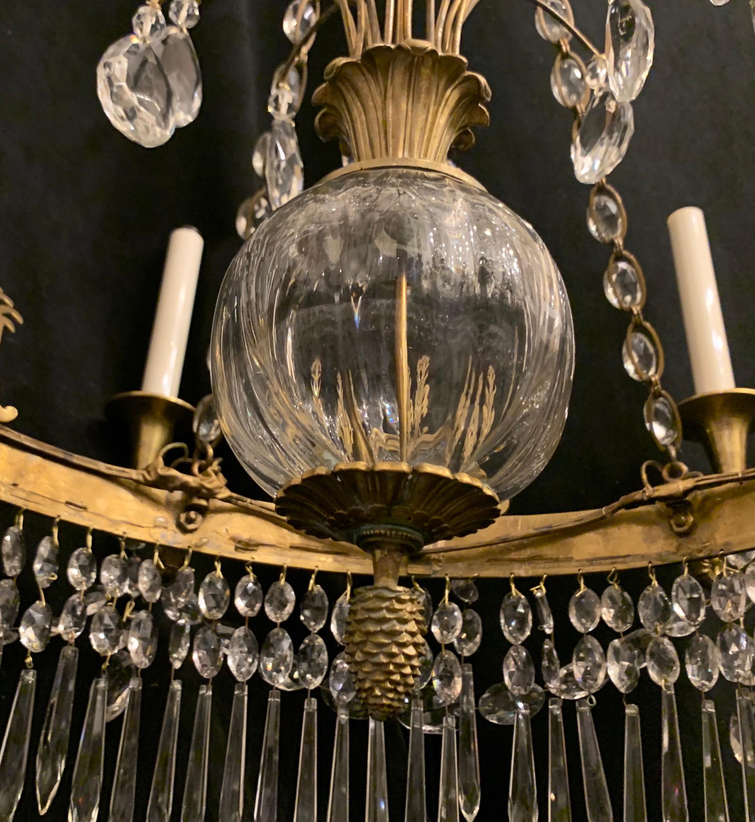 Wonderful Empire Neoclassical Bronze Crystal Swag Regency Baltic Chandelier For Sale 4
