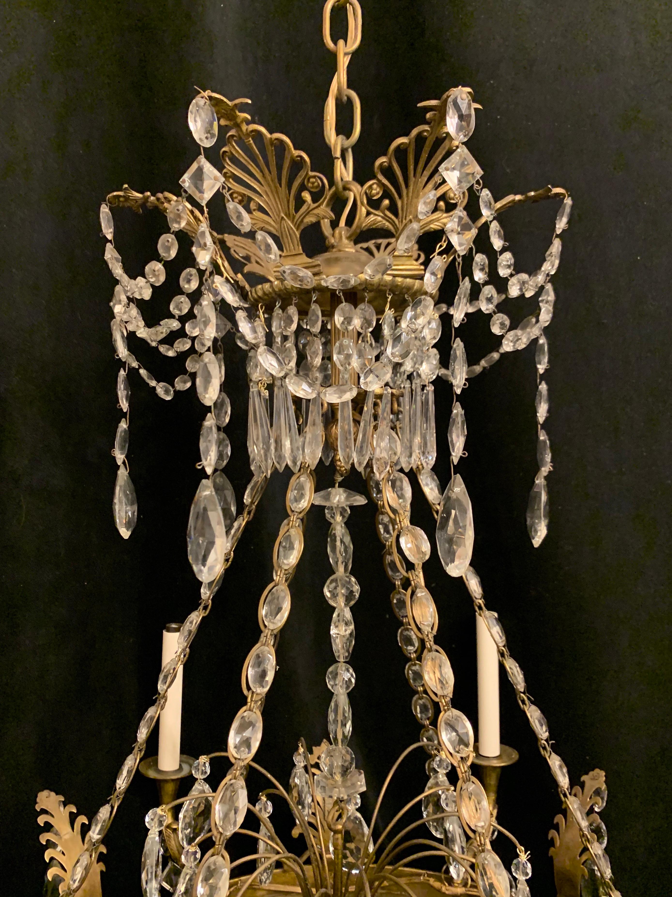 A wonderful empire / neoclassical bronze and crystal swag regency / Baltic style French 6 candelabras light chandelier, wiring has been updated and comes with chain canopy and mounting hardware for installation.