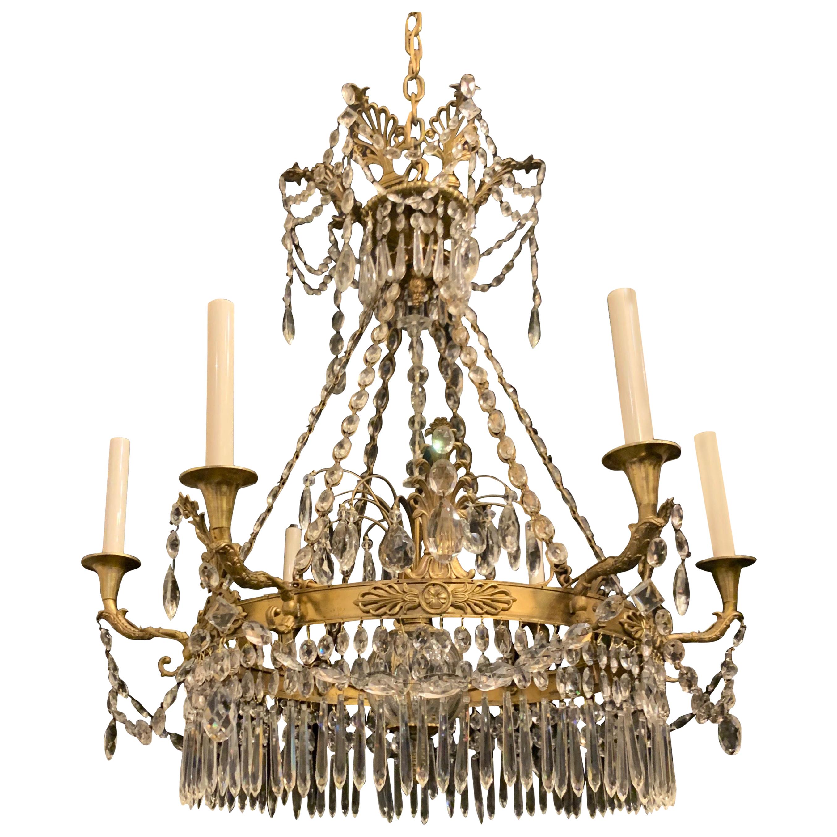 Wonderful Empire Neoclassical Bronze Crystal Swag Regency Baltic Chandelier For Sale