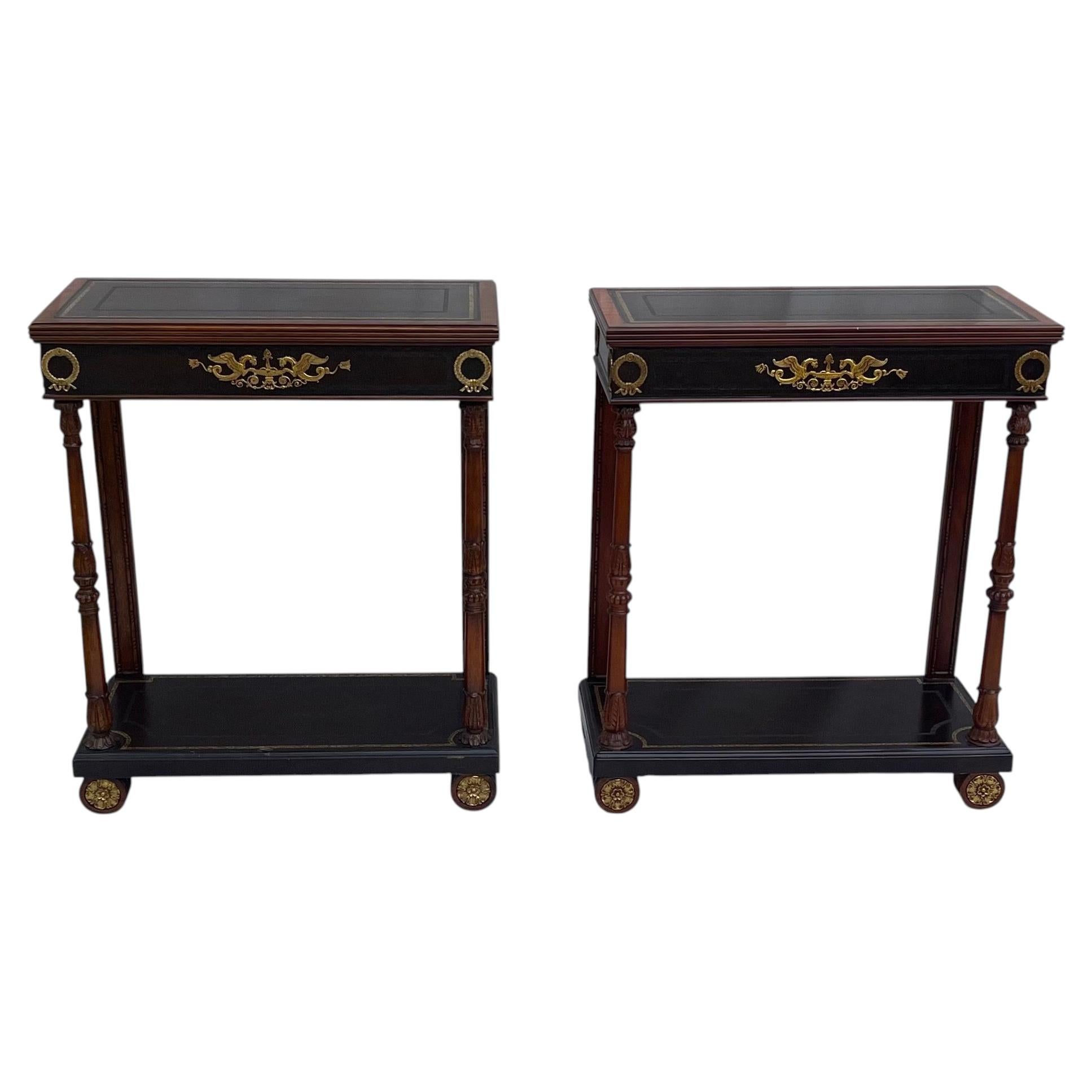 Wonderful Empire Neoclassical Pair Ormolu Mounted Leather Top Consoles Tables For Sale