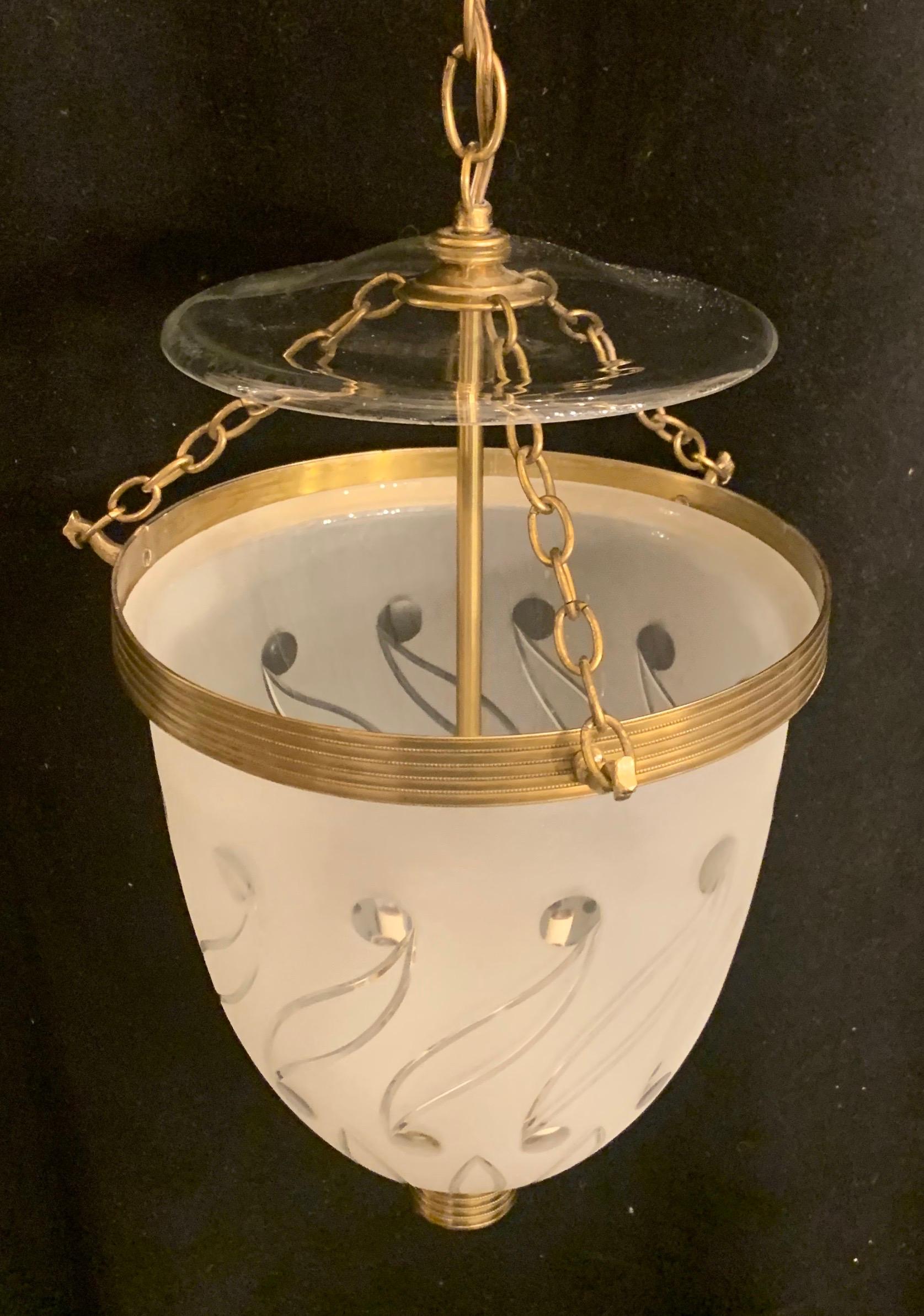 Wonderful English Etched Paisley Glass Bell Jar Lantern Pendent Brass Fixture 1