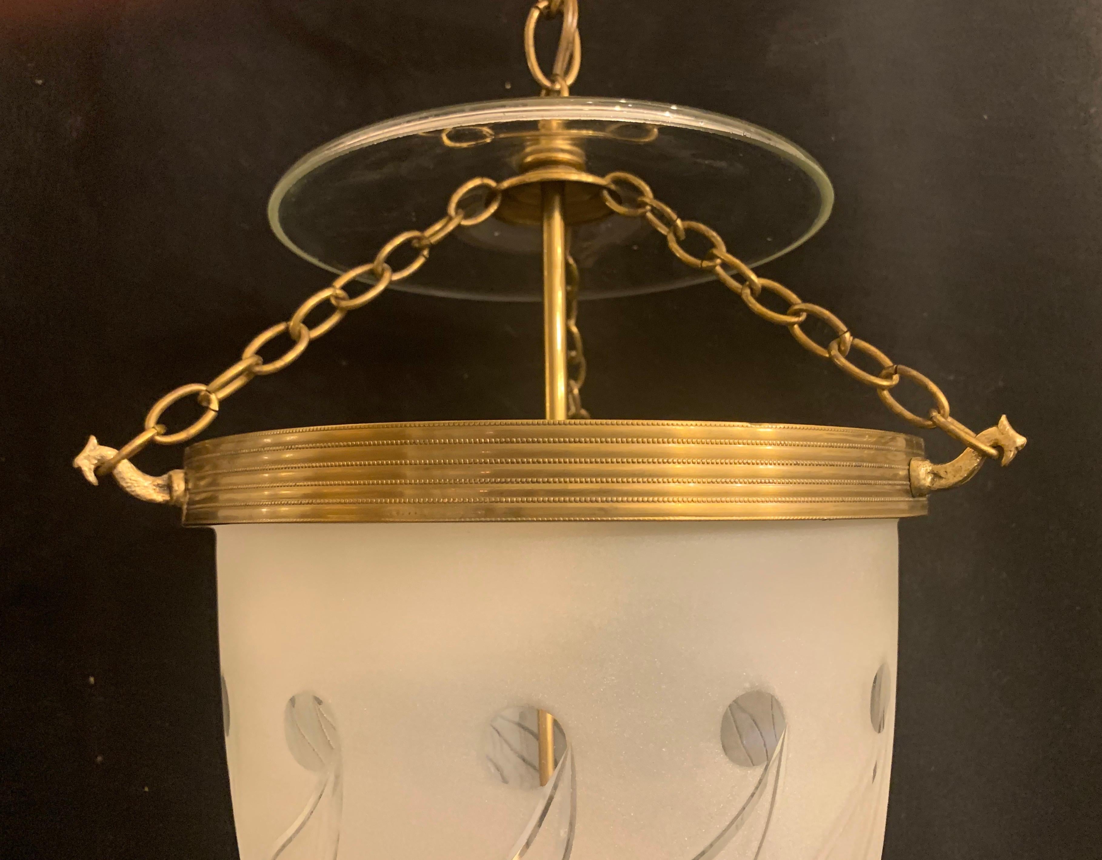 Wonderful English Etched Paisley Glass Bell Jar Lantern Pendent Brass Fixture 2