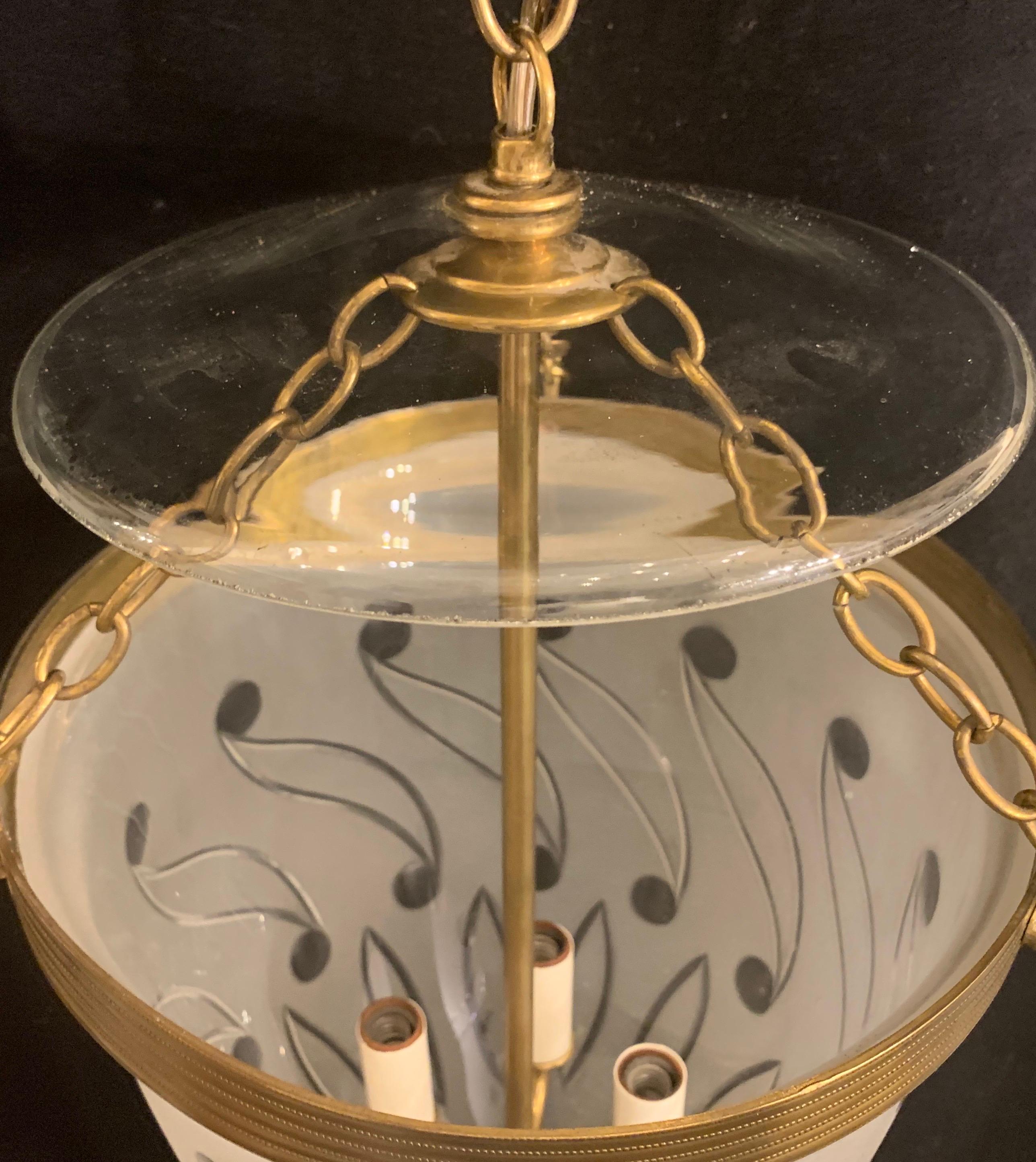 Wonderful English Etched Paisley Glass Bell Jar Lantern Pendent Brass Fixture 3