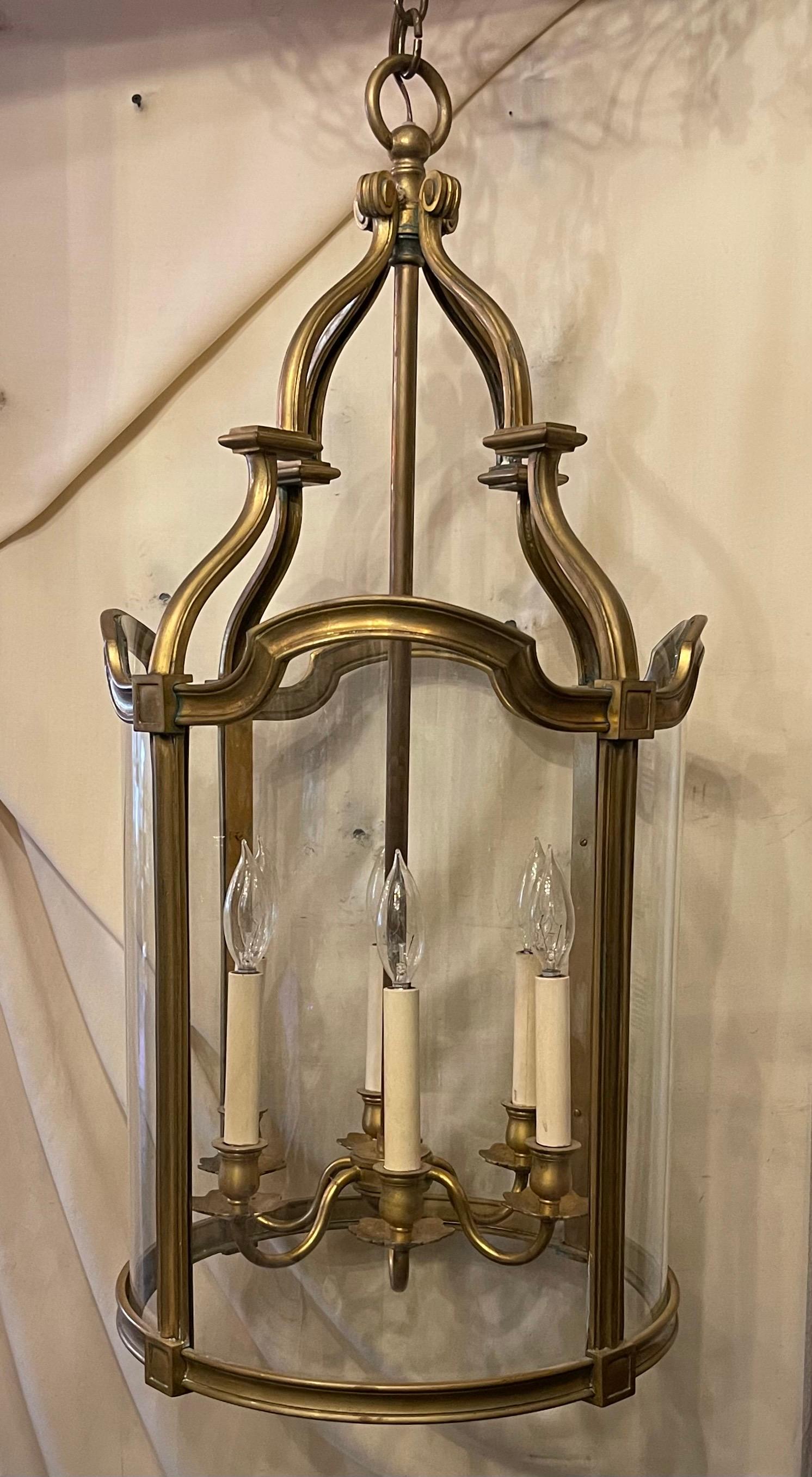 A Wonderful English Regency Style Hansom Gilt Bronze Large 6 Candelabra Light Lantern Chandelier, the Fixture Comes With Chain Canopy And Mounting Hardware For Installation. 