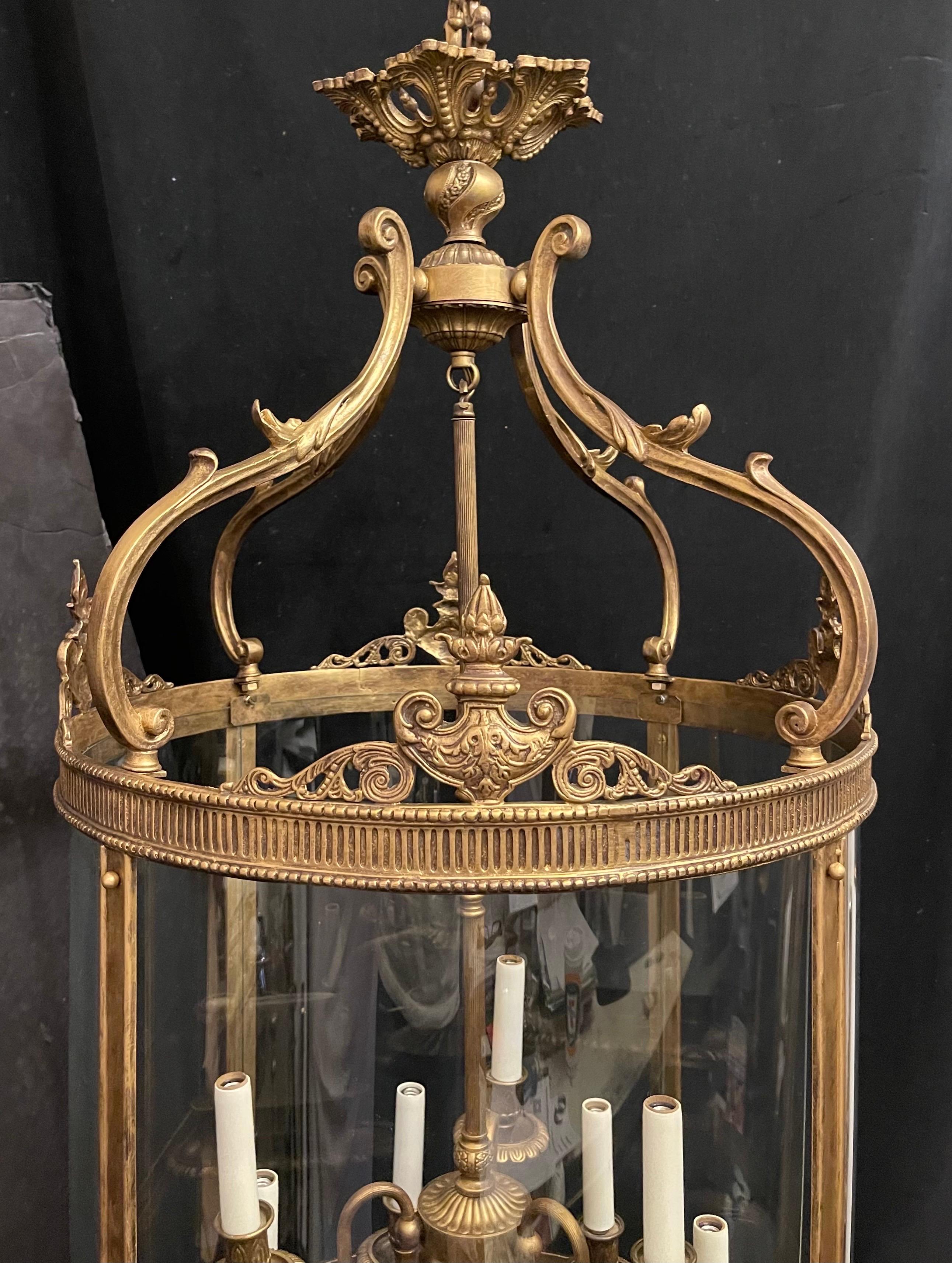 A Wonderful English Regency Style Hansom Bronze Gilt Very Large 9 Candelabra Light Lantern Chandelier Fixture