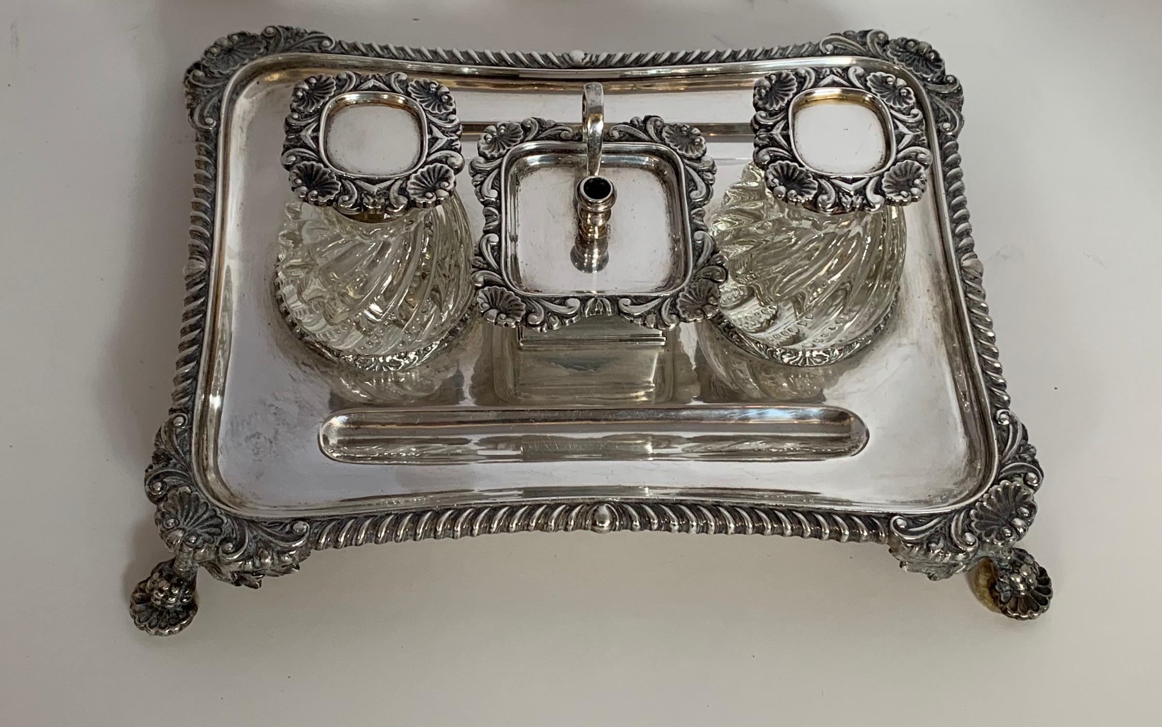 A wonderful English sterling silver and crystal partner desk inkwell set, marked 