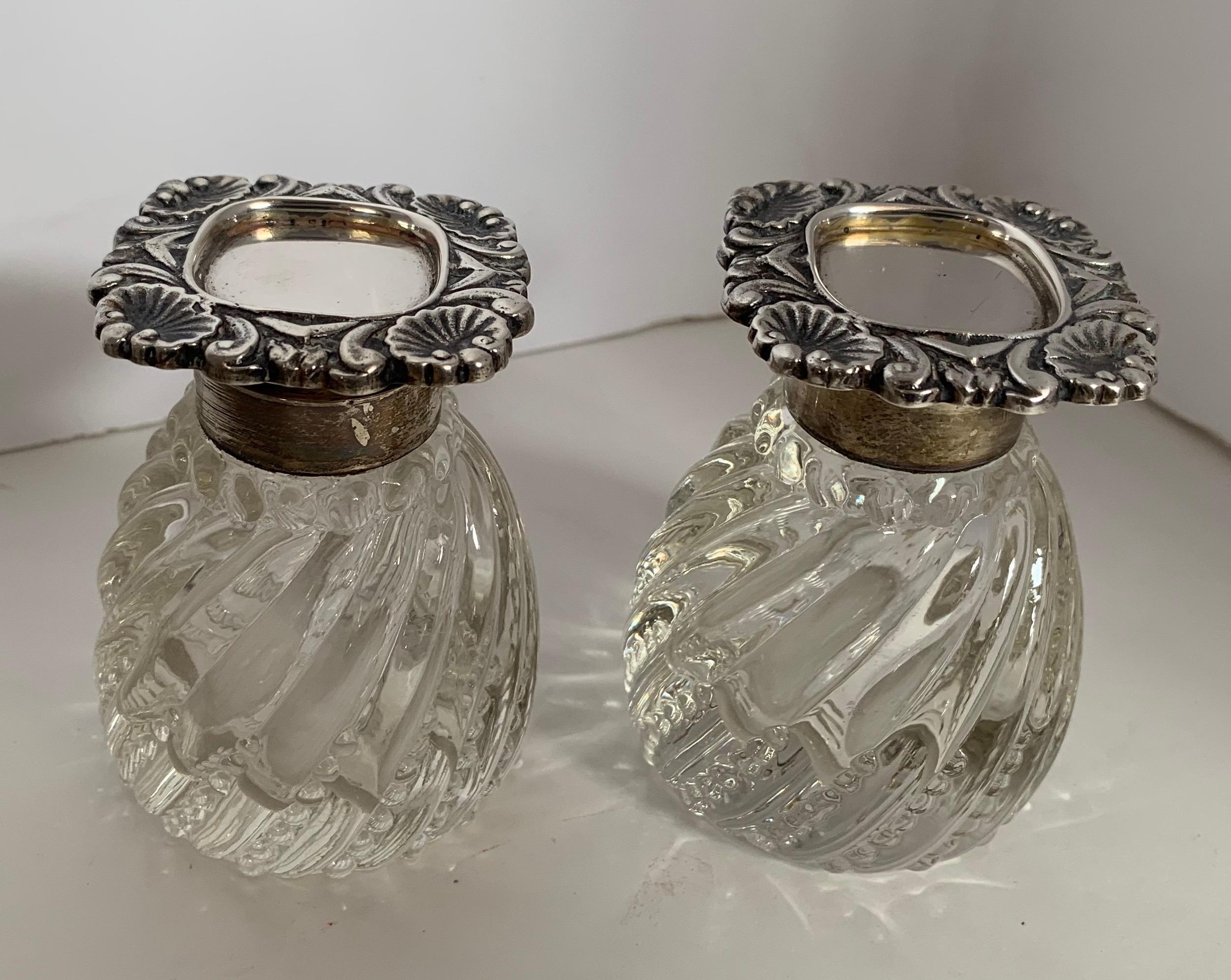 Wonderful English Sterling Silver Crystal Partner Desk Inkwell Set In Good Condition In Roslyn, NY
