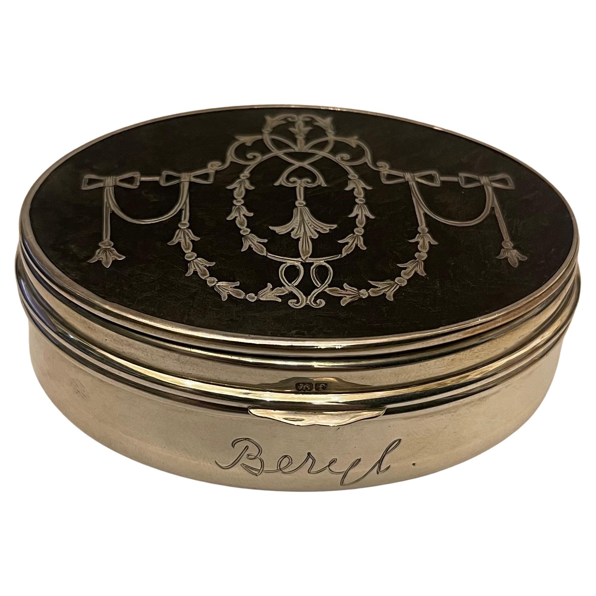 Wonderful English Sterling Silver Tortoise Shell Pique Jewelry Trinket Oval Box