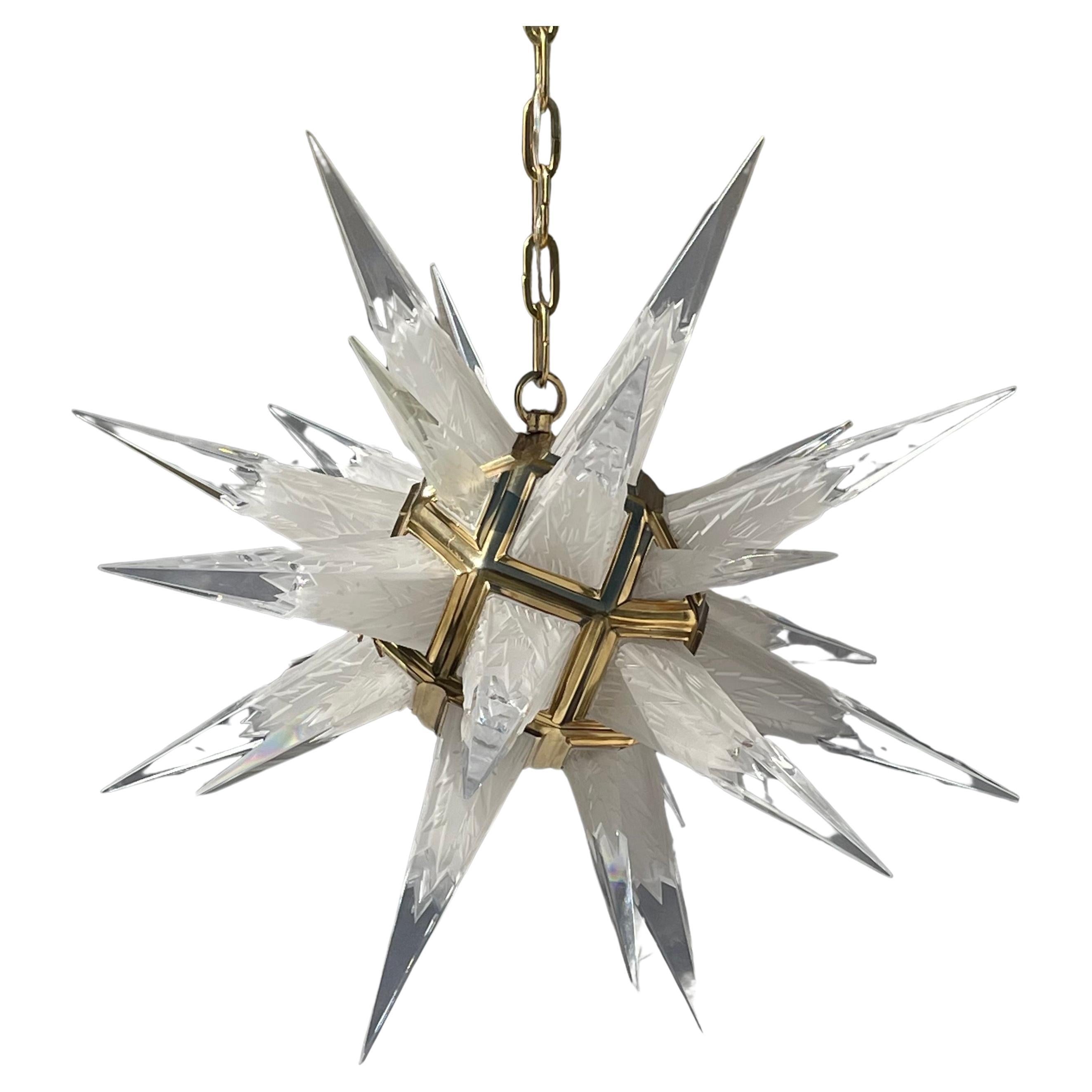A Wonderful Etched Crystal Star / Sputnik In A Polished Brass / Bronze Housing Pendent This Chandelier Light Fixture Is Set Up With 2 Edison Interior Lights