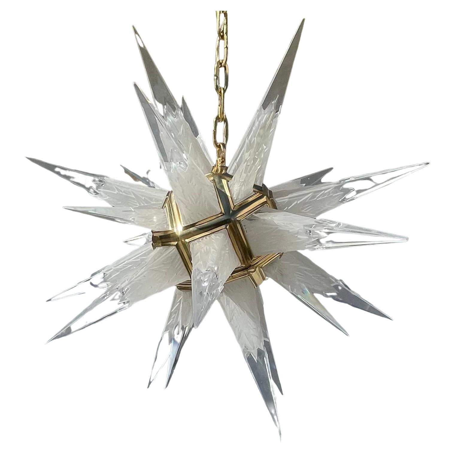 Mid-Century Modern Wonderful Etched Crystal Star Sputnik Polished Brass Pendent Chandelier Fixture For Sale