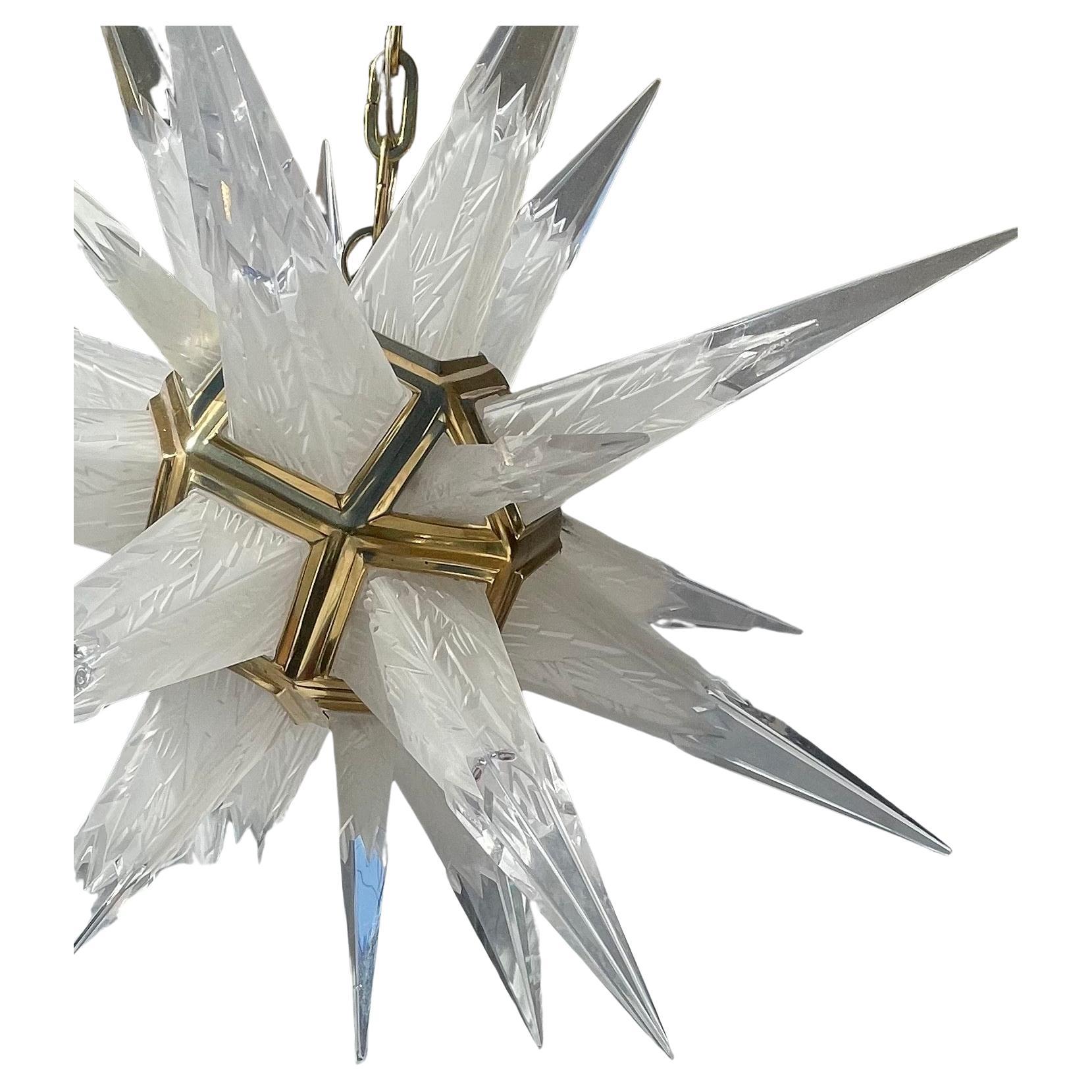 20th Century Wonderful Etched Crystal Star Sputnik Polished Brass Pendent Chandelier Fixture For Sale