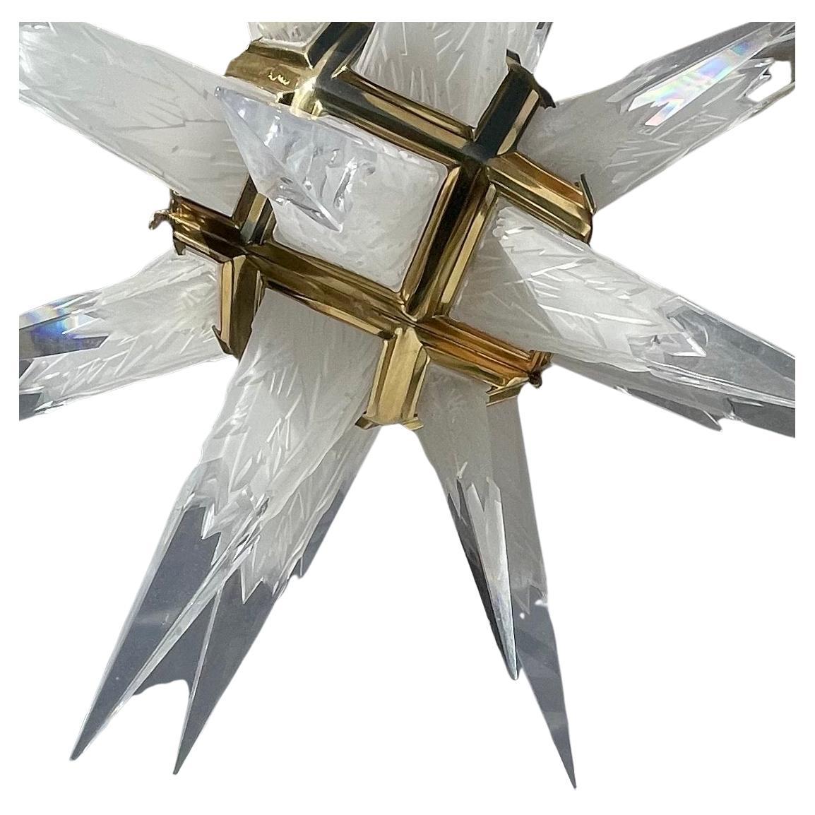 Wonderful Etched Crystal Star Sputnik Polished Brass Pendent Chandelier Fixture For Sale 1