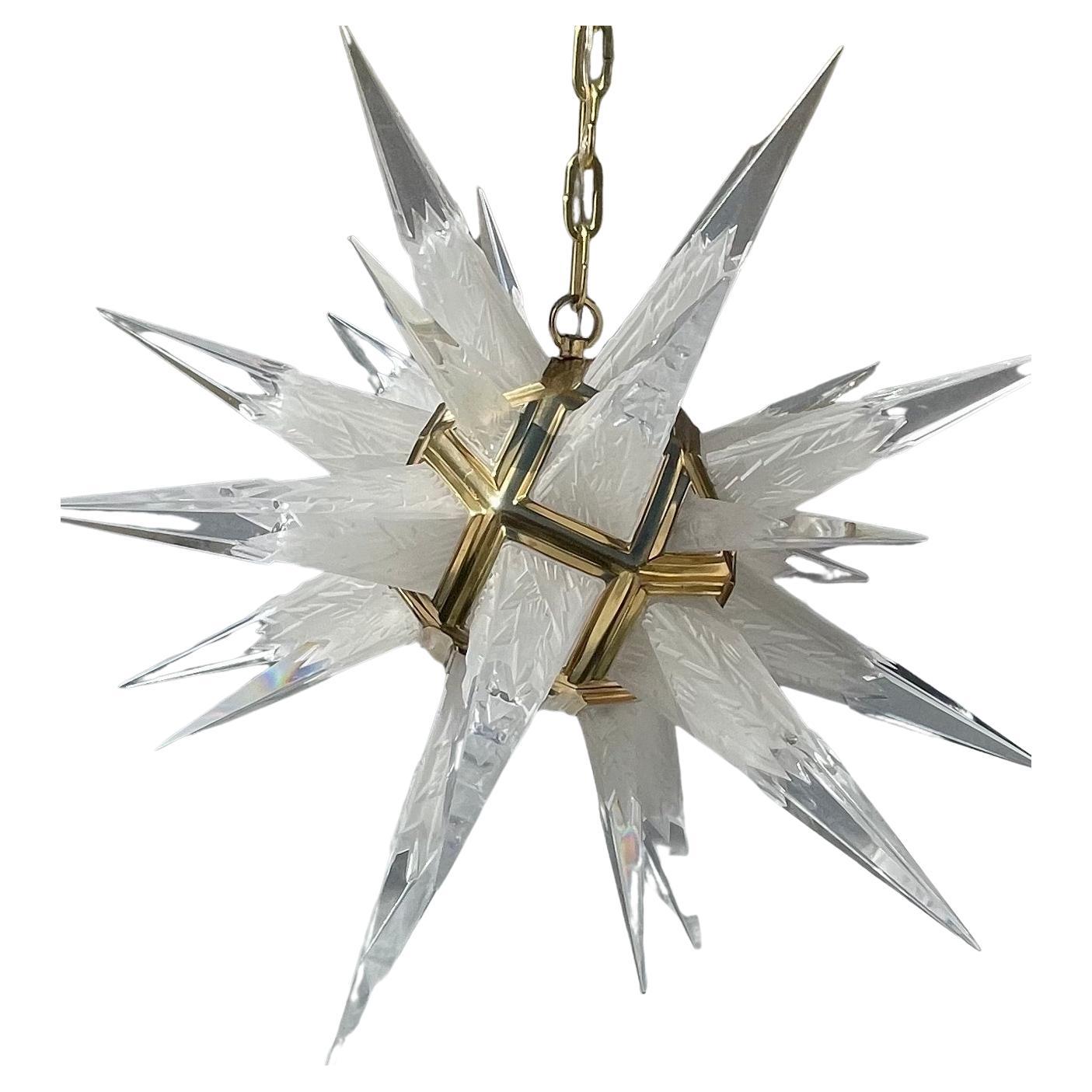 Wonderful Etched Crystal Star Sputnik Polished Brass Pendent Chandelier Fixture For Sale
