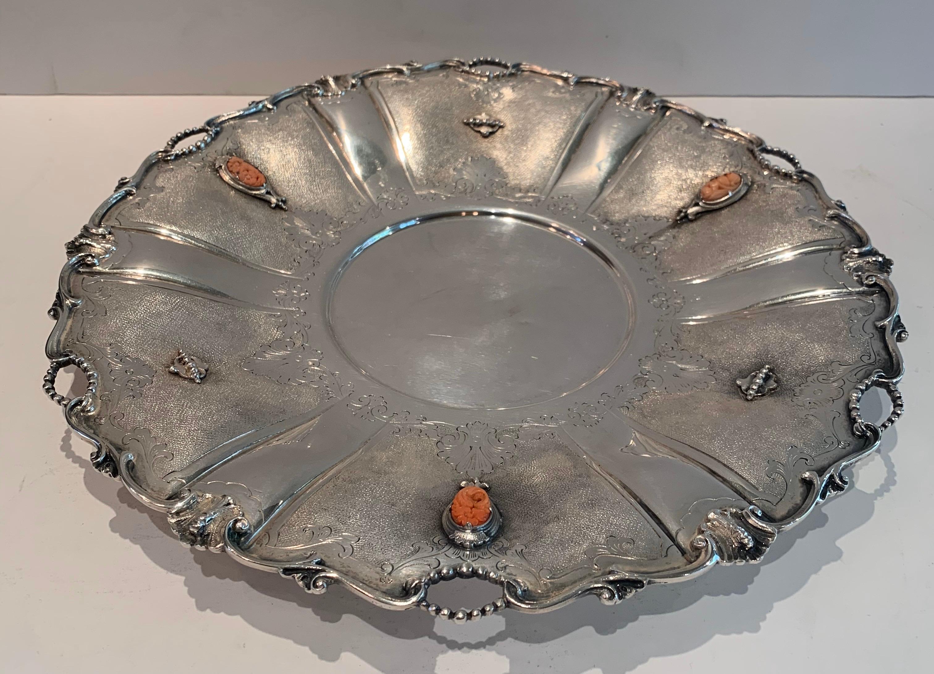 Belle Époque Wonderful European 800 Sterling Silver Platter Pierced Tray with Coral Mounts